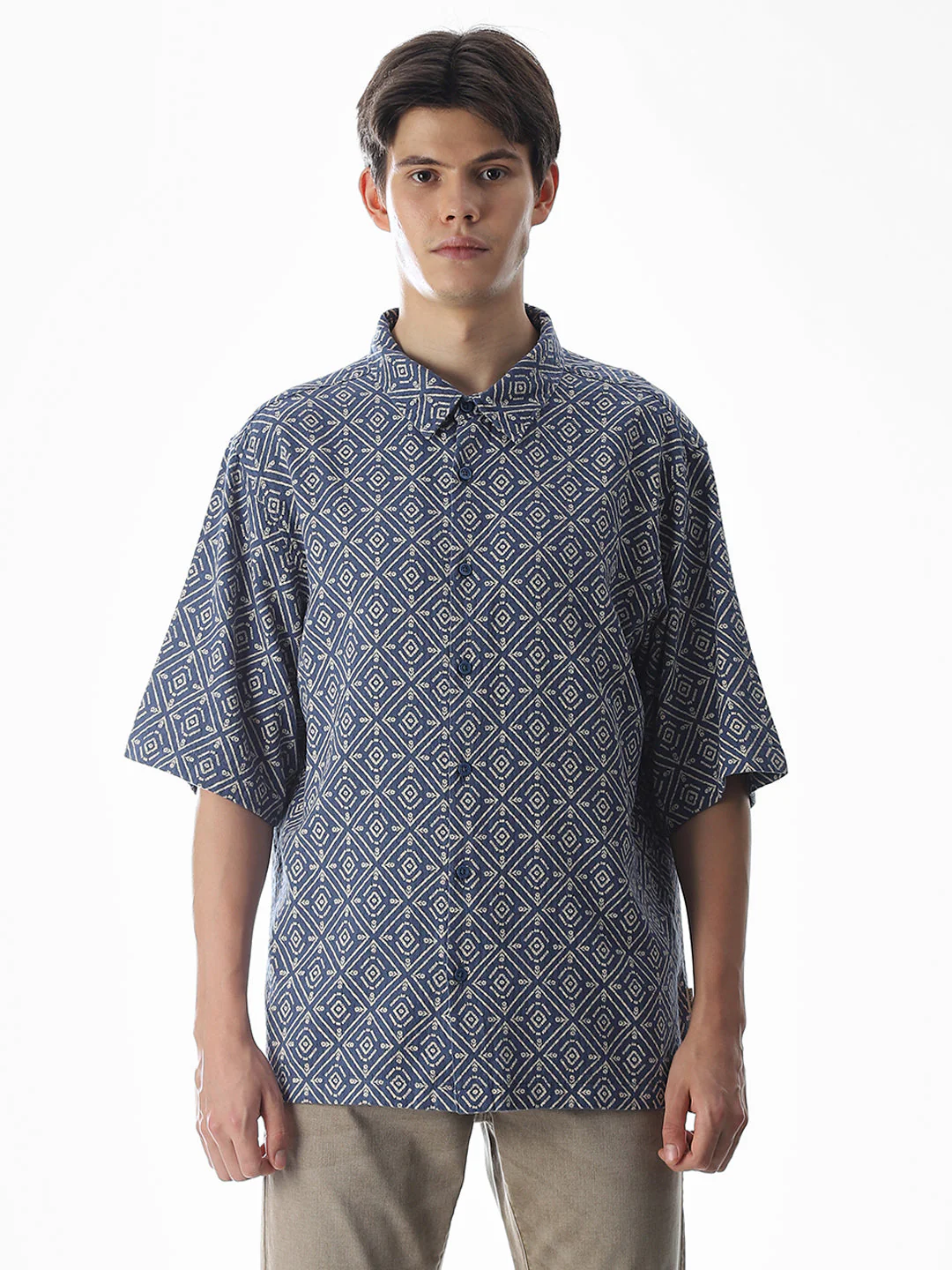Blue Printed Cotton Short Sleeves Shirt - Image 8