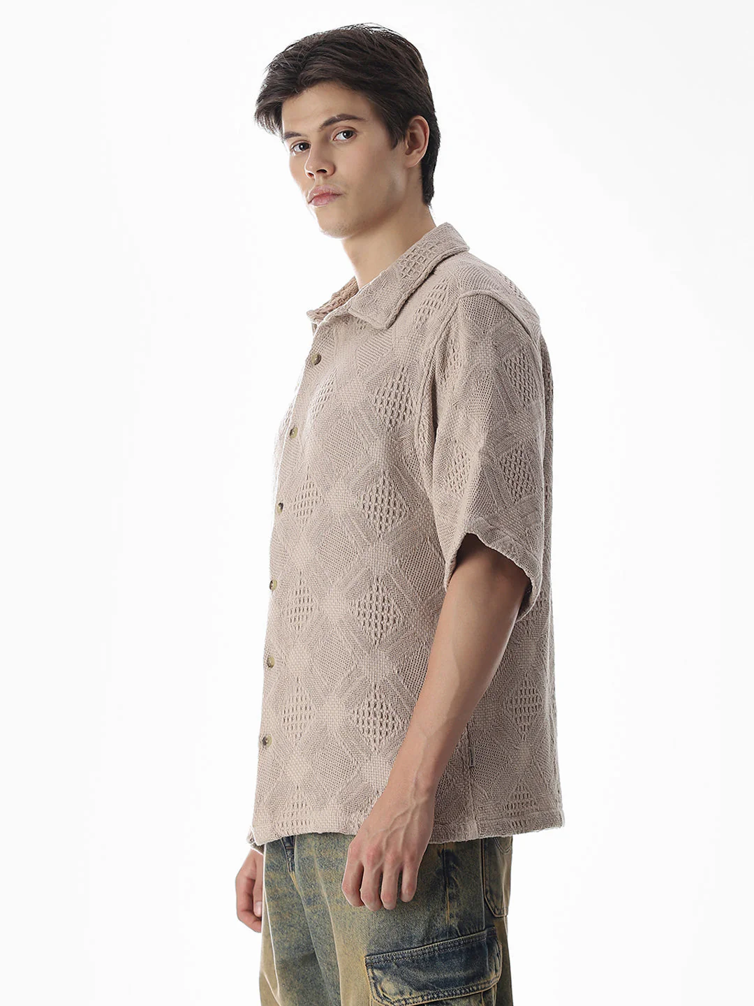 Beige Jacquard Cotton Oversized Shirt - Image 3