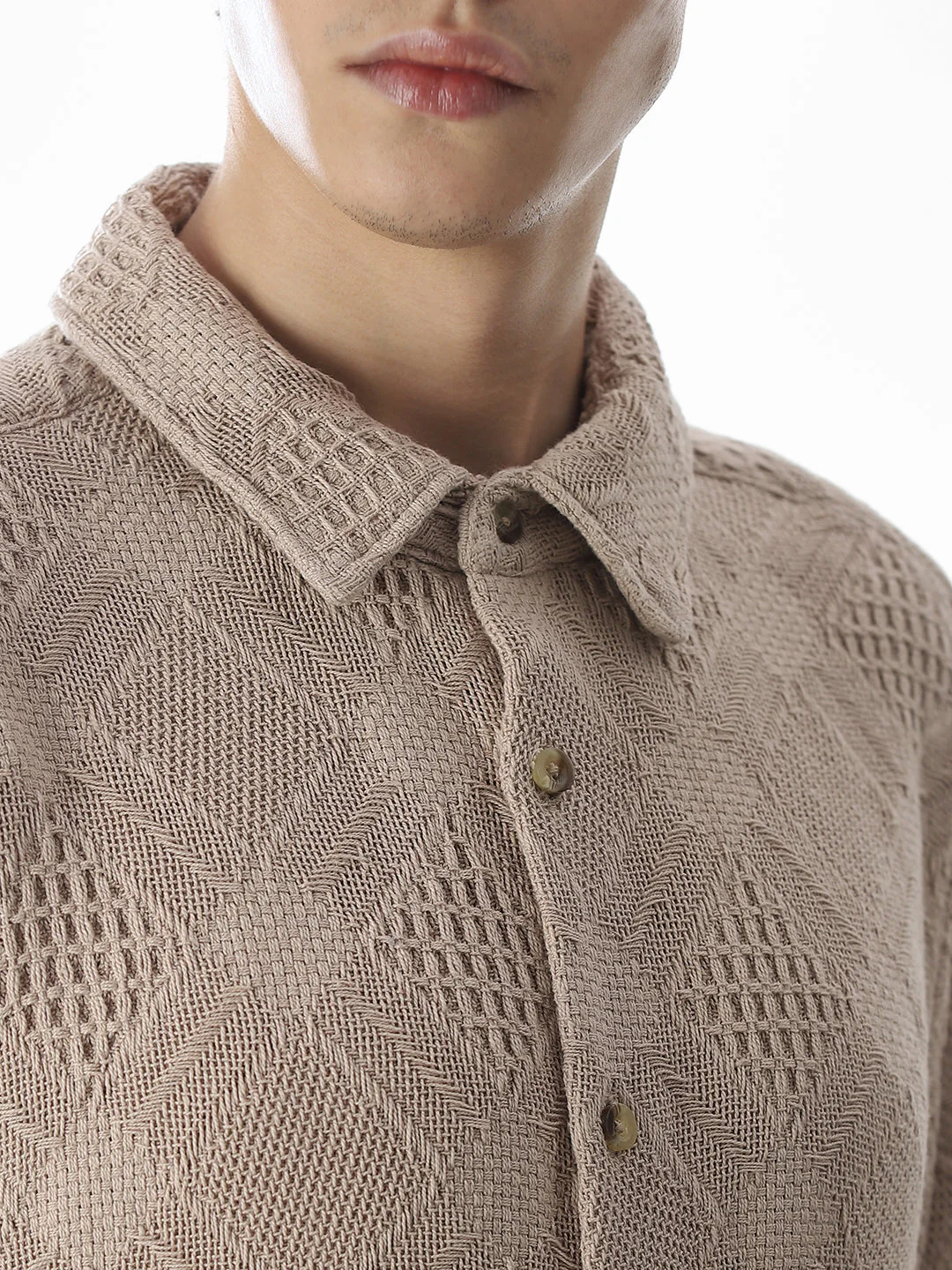Beige Jacquard Cotton Oversized Shirt - Image 5