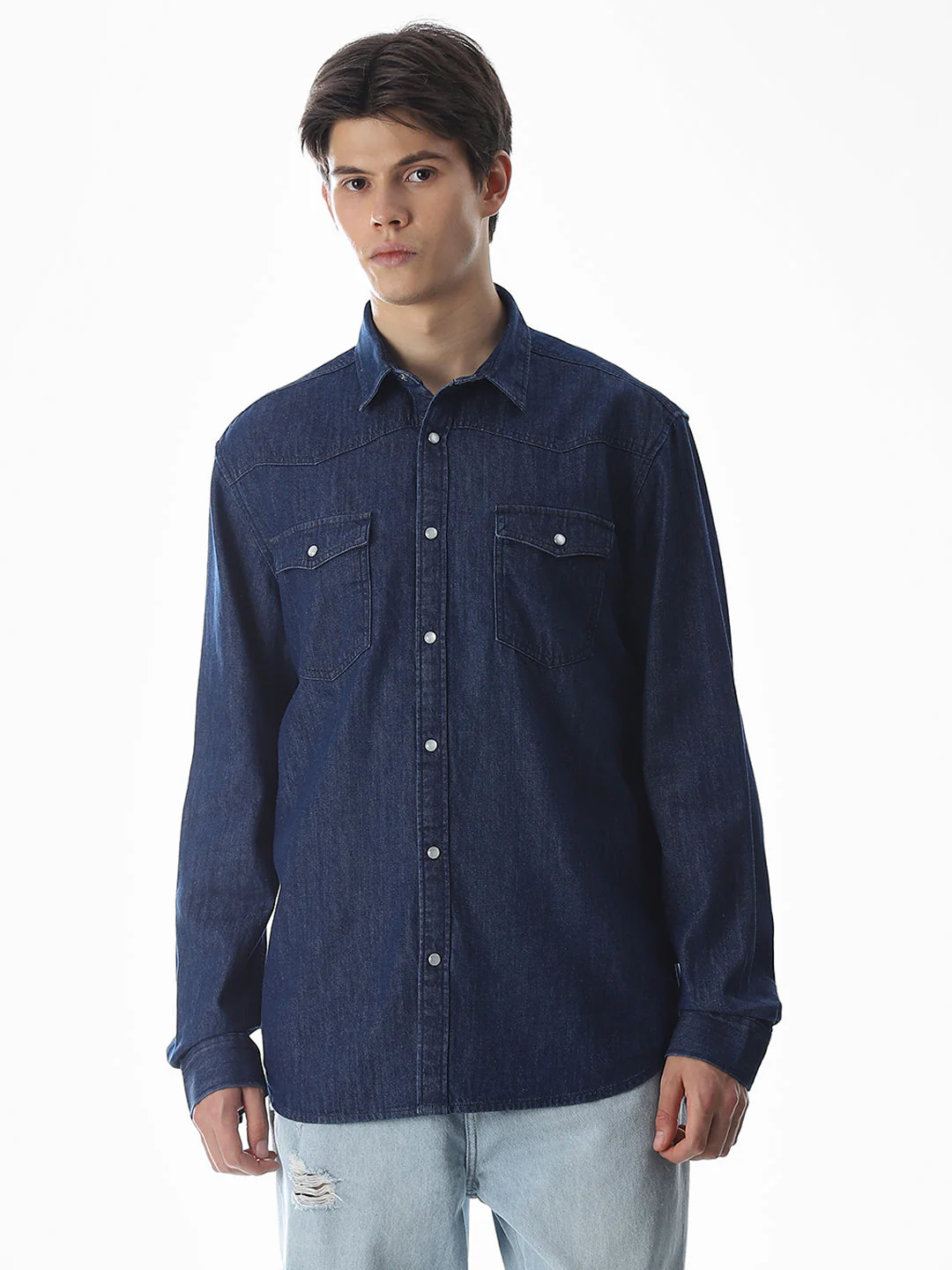 Navy Blue Cotton Full Sleeves Shirt - Image 2