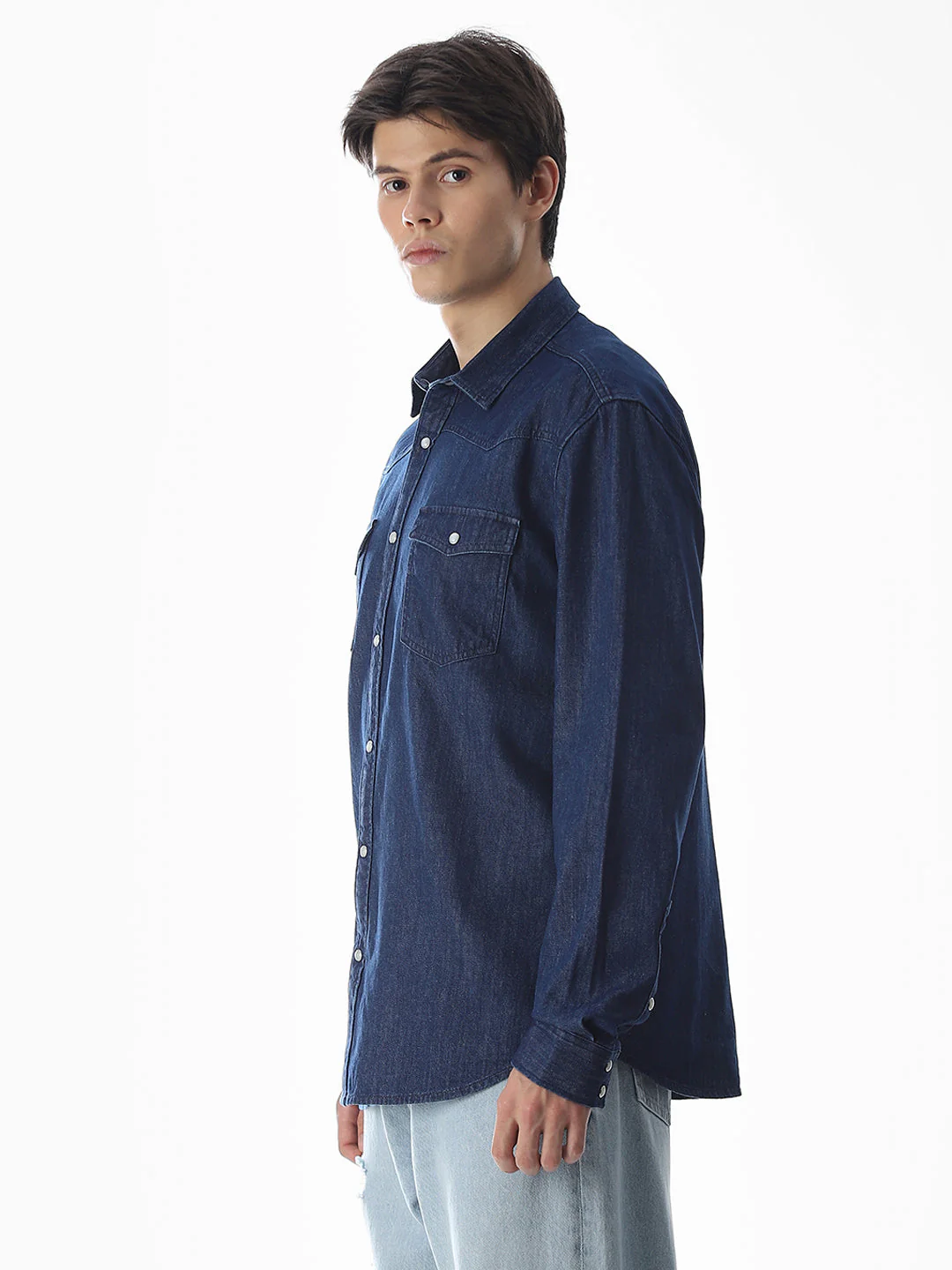 Navy Blue Cotton Full Sleeves Shirt - Image 3