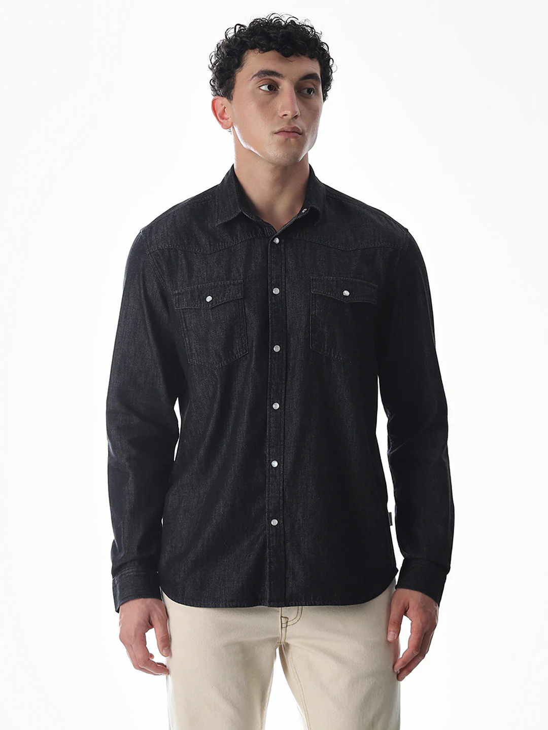 Black Cotton Denim Shirt - Image 2