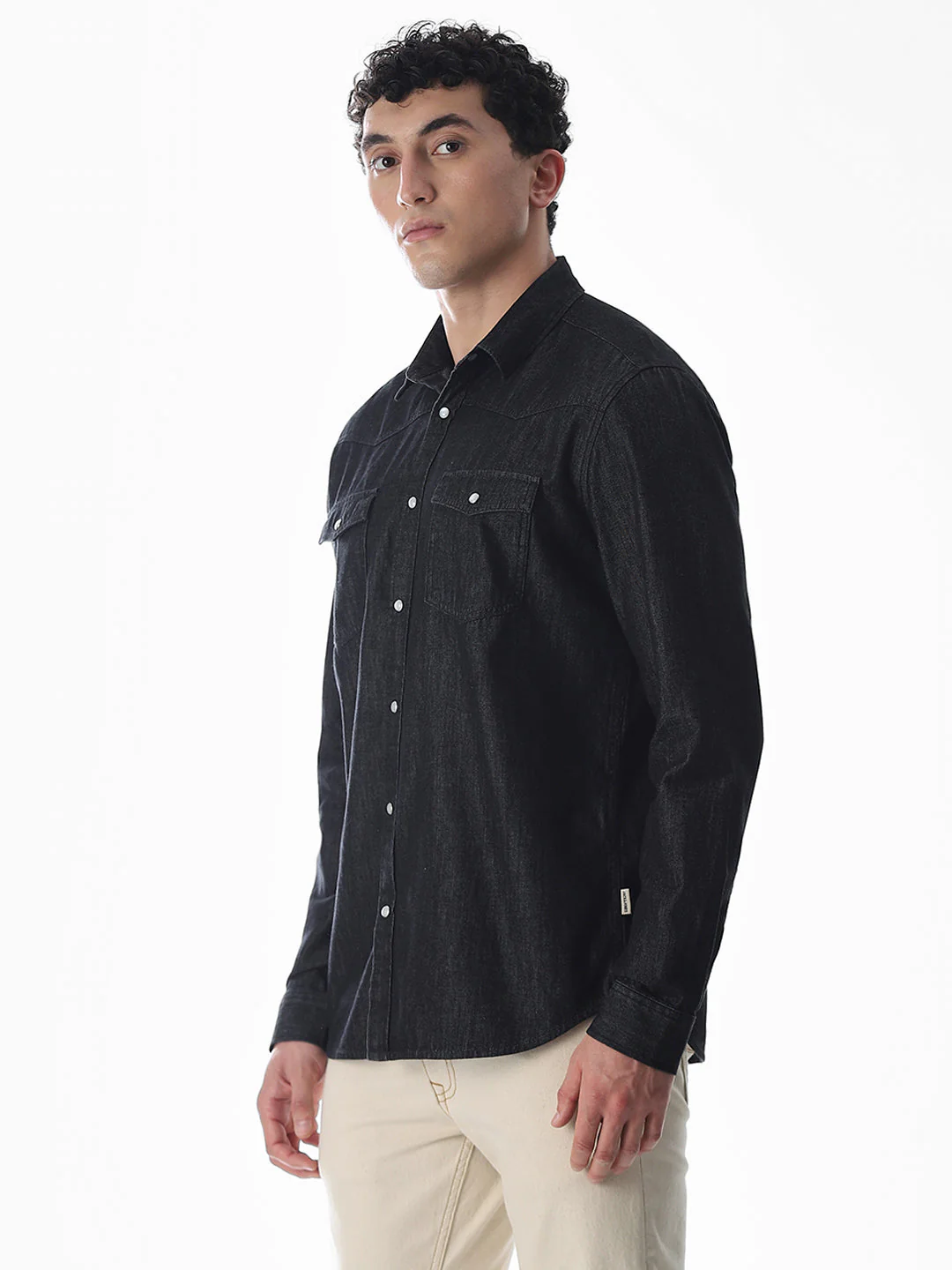 Black Cotton Denim Shirt - Image 3