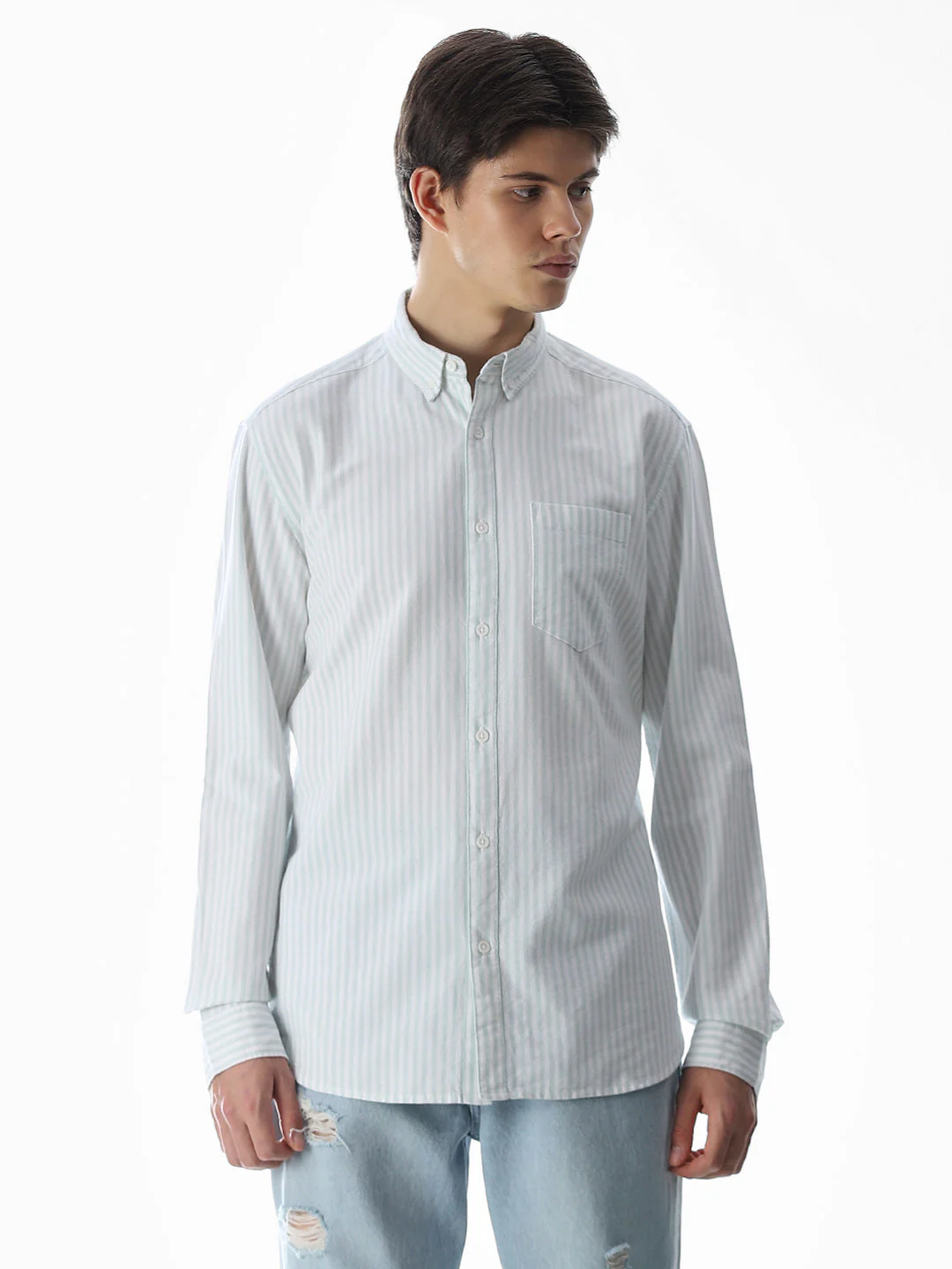 Light Green Striped Cotton Shirt - Image 2