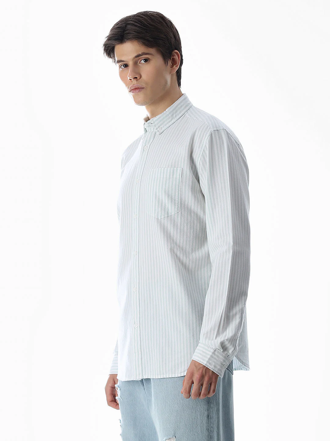 Light Green Striped Cotton Shirt - Image 3