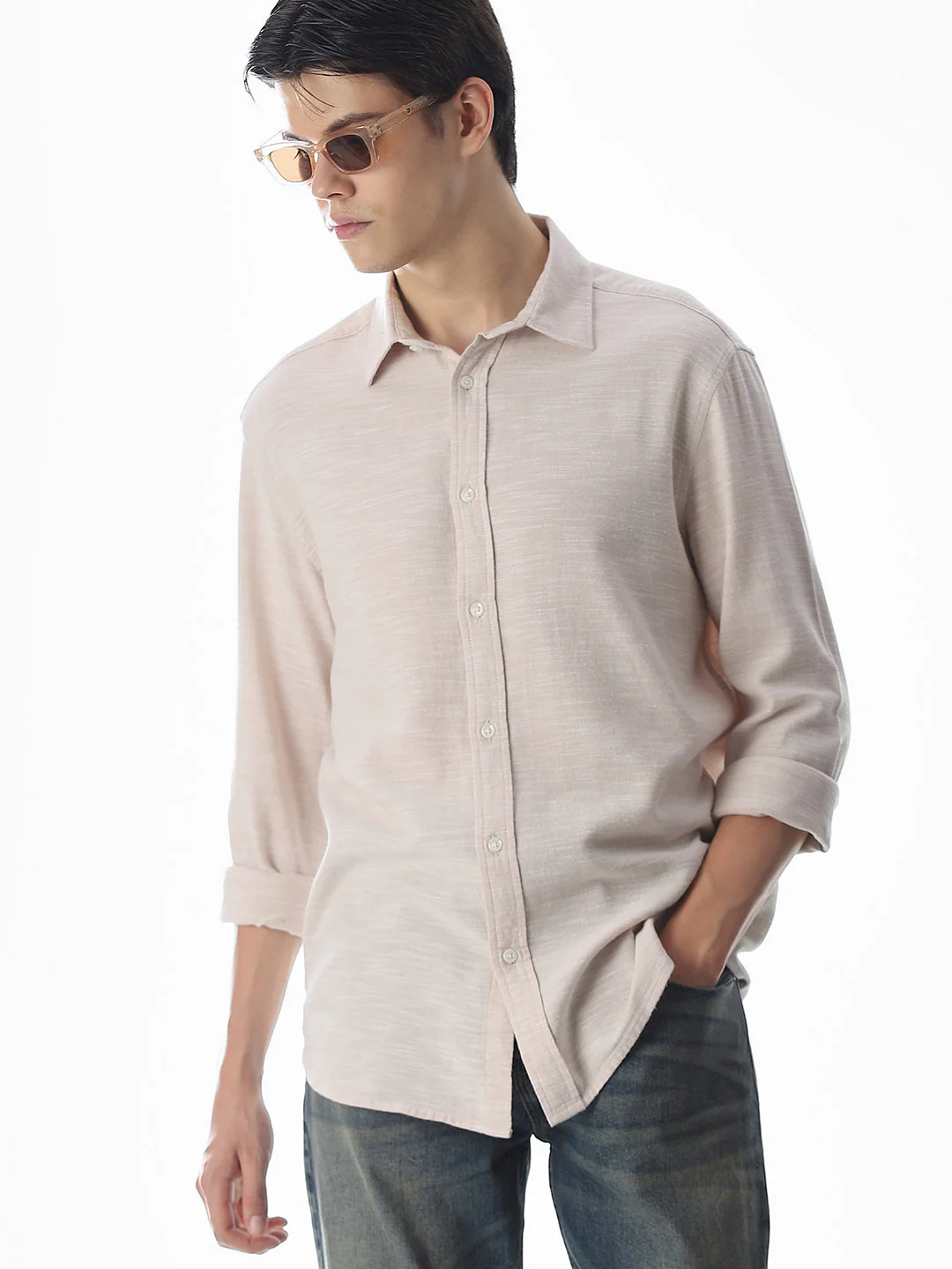 Beige Cotton Full Sleeves Shirt