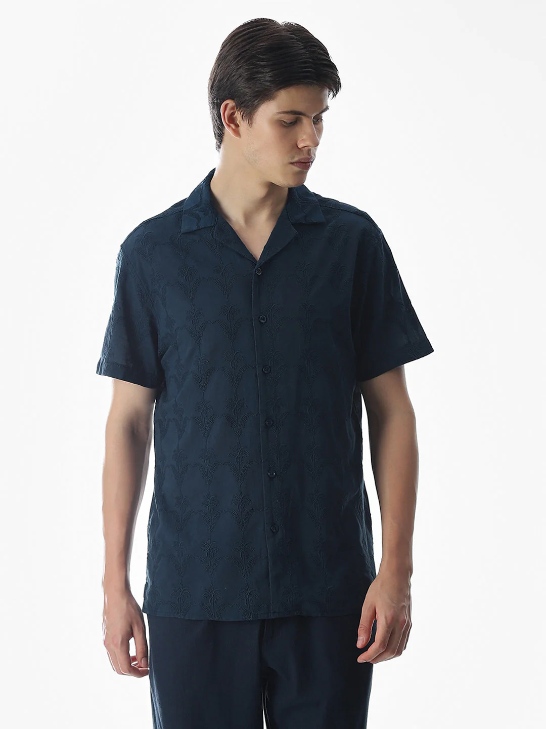 Navy Blue Embroidered Cotton Shirt - Image 2