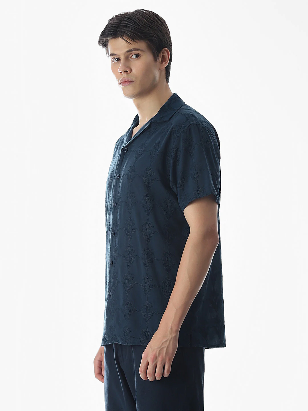 Navy Blue Embroidered Cotton Shirt - Image 3
