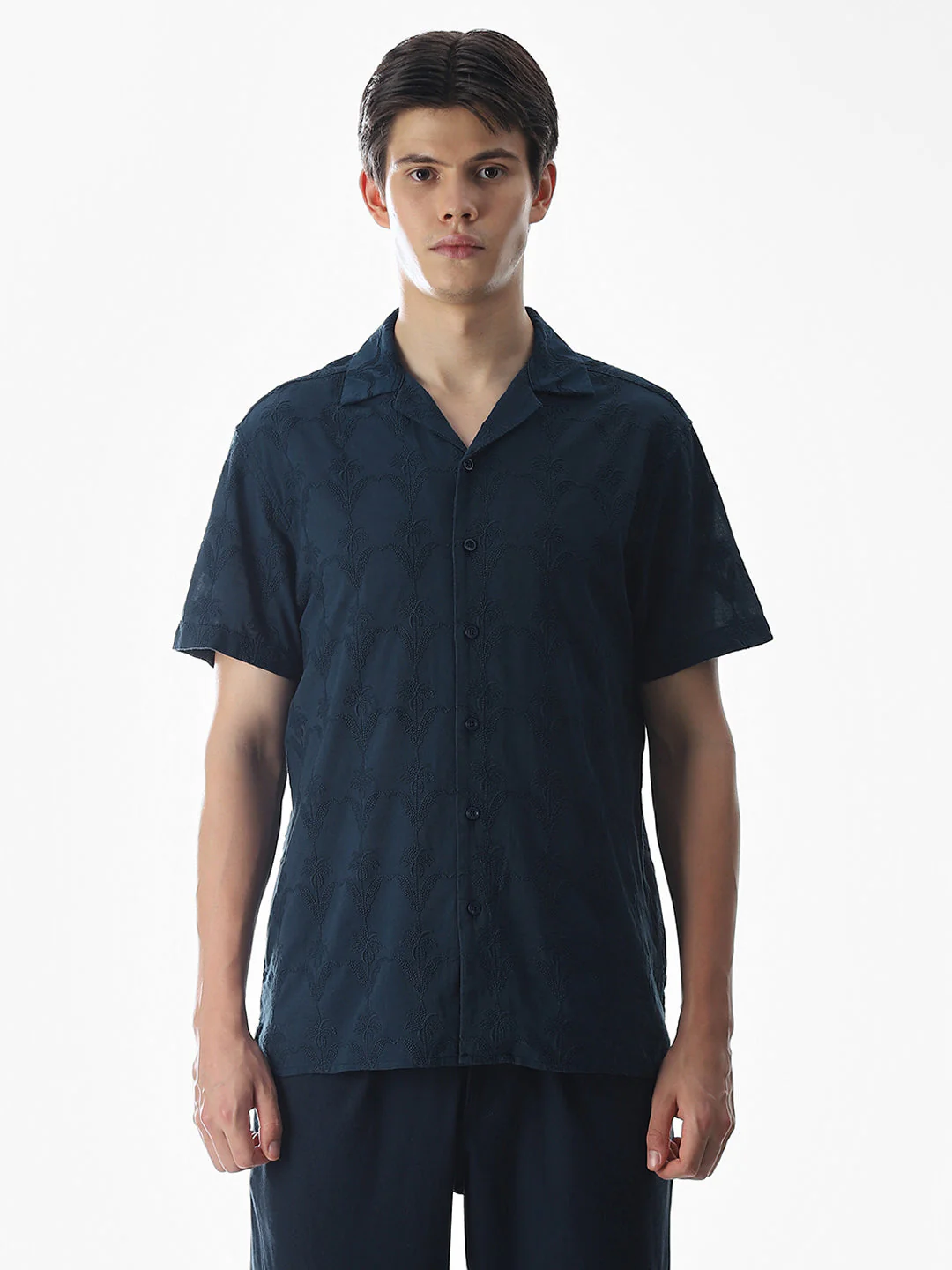 Navy Blue Embroidered Cotton Shirt - Image 8
