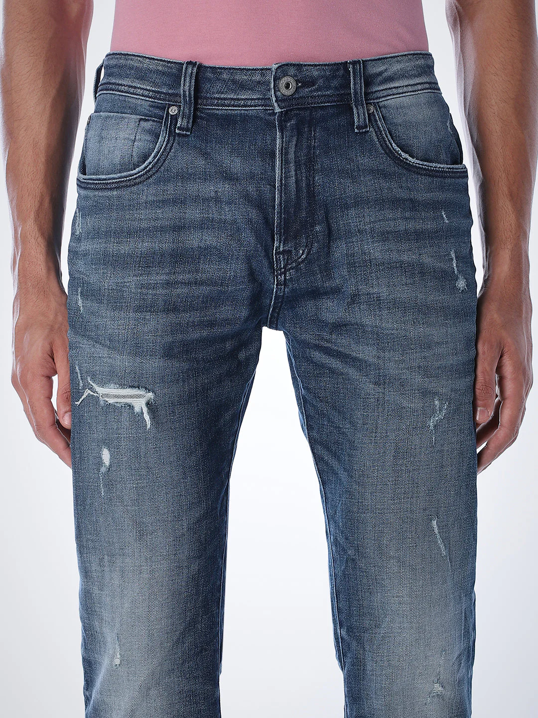 Mildly Distressed Cliff Bootcut Jeans - Blue - Image 5