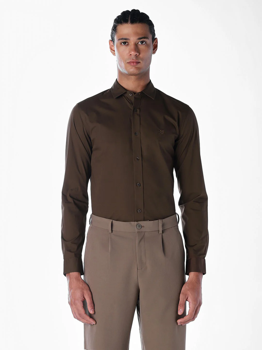 Dark Brown Stretch Poplin Shirt - Image 2