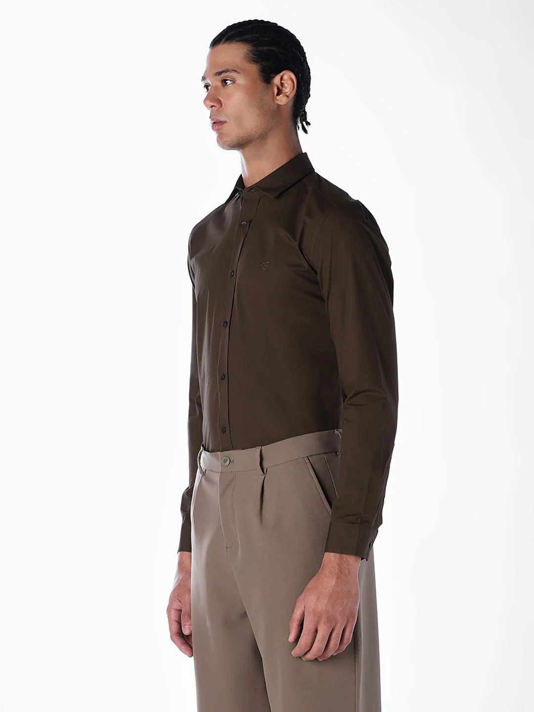 Dark Brown Stretch Poplin Shirt - Image 3