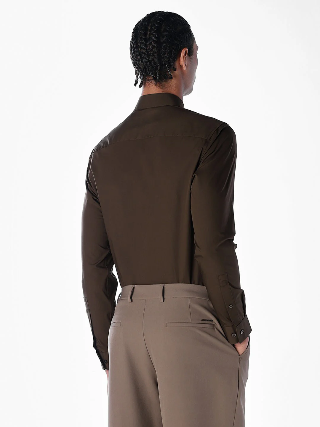 Dark Brown Stretch Poplin Shirt - Image 4