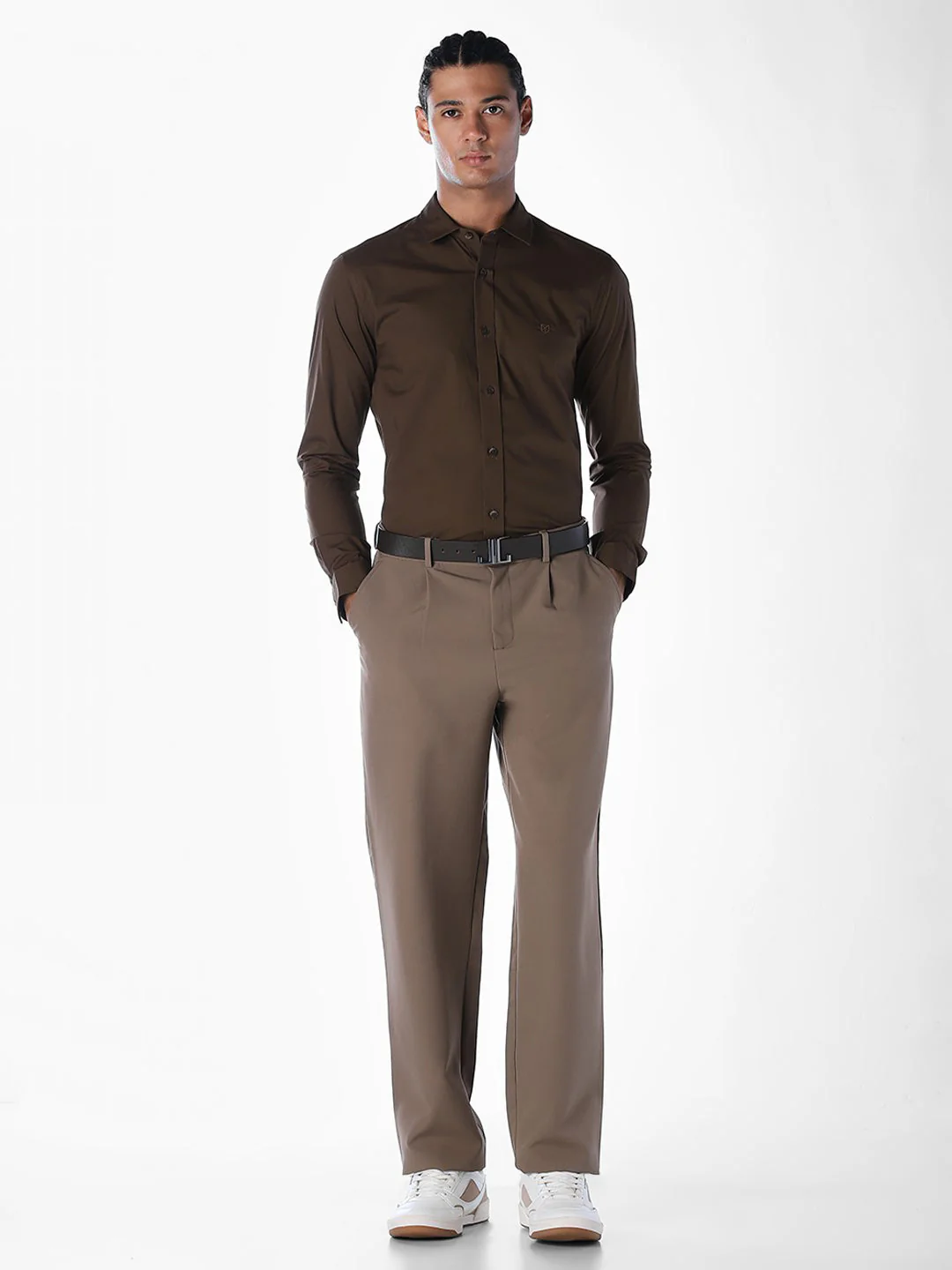 Dark Brown Stretch Poplin Shirt - Image 6