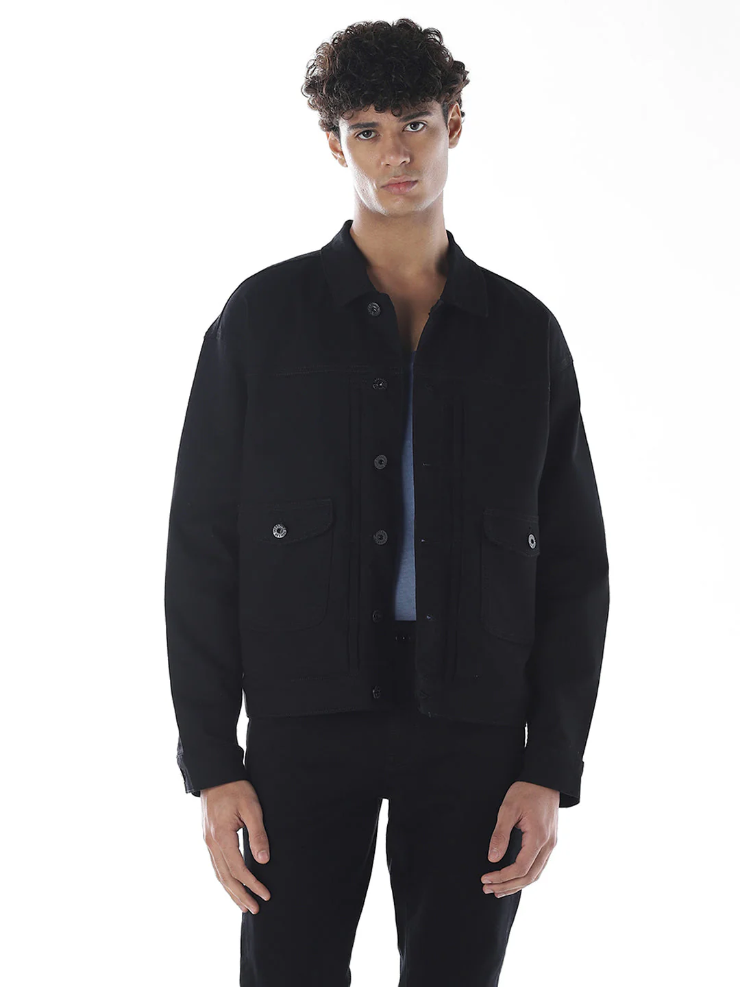 Black Cotton Blend Denim Jacket - Image 2