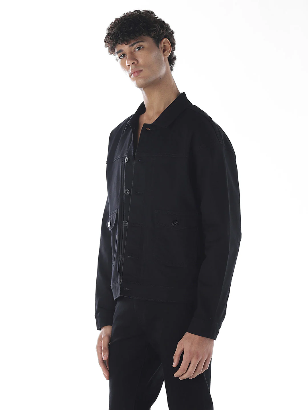 Black Cotton Blend Denim Jacket - Image 3