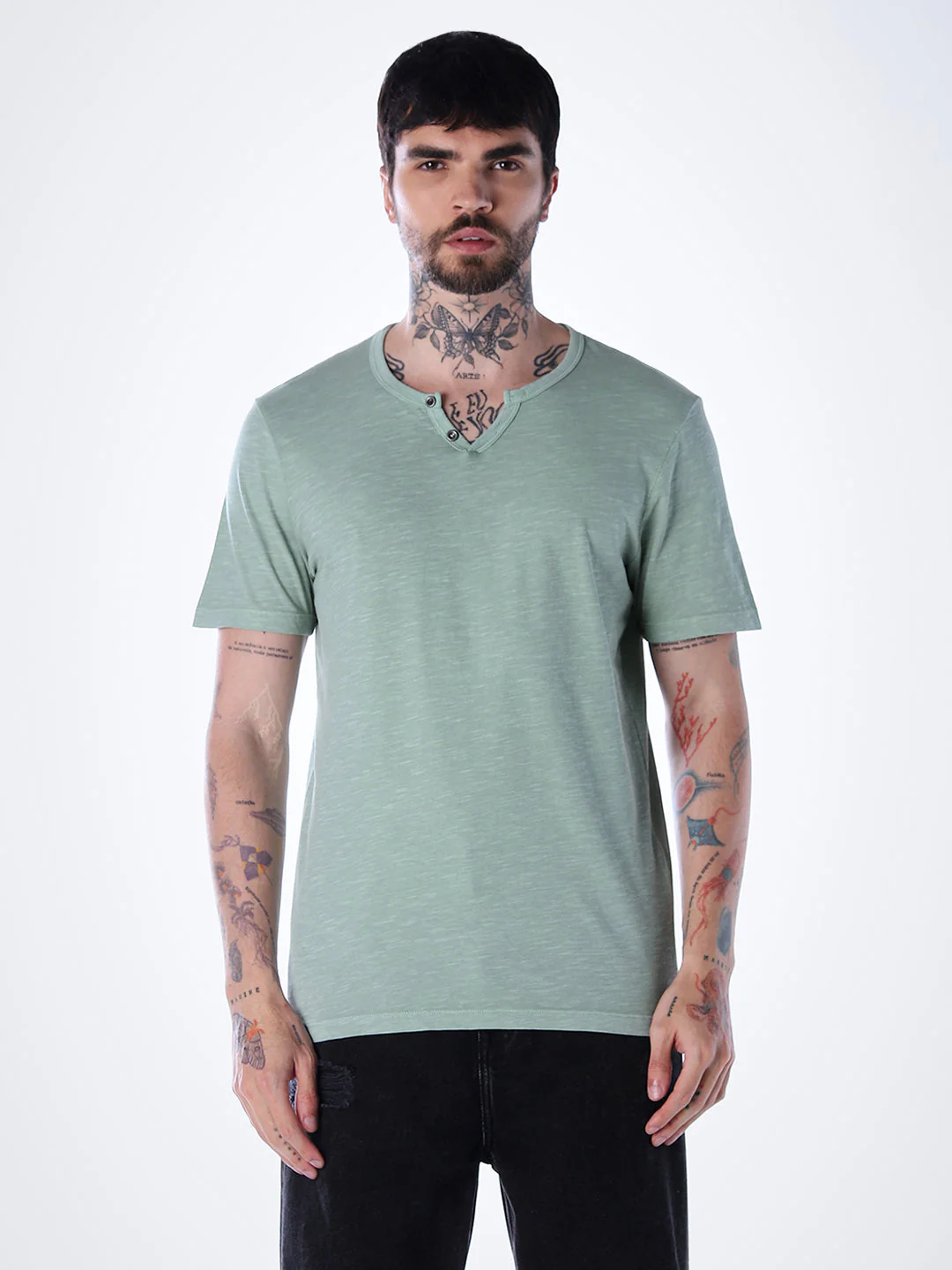 Split Neck Cotton T-shirt - Green - Image 2
