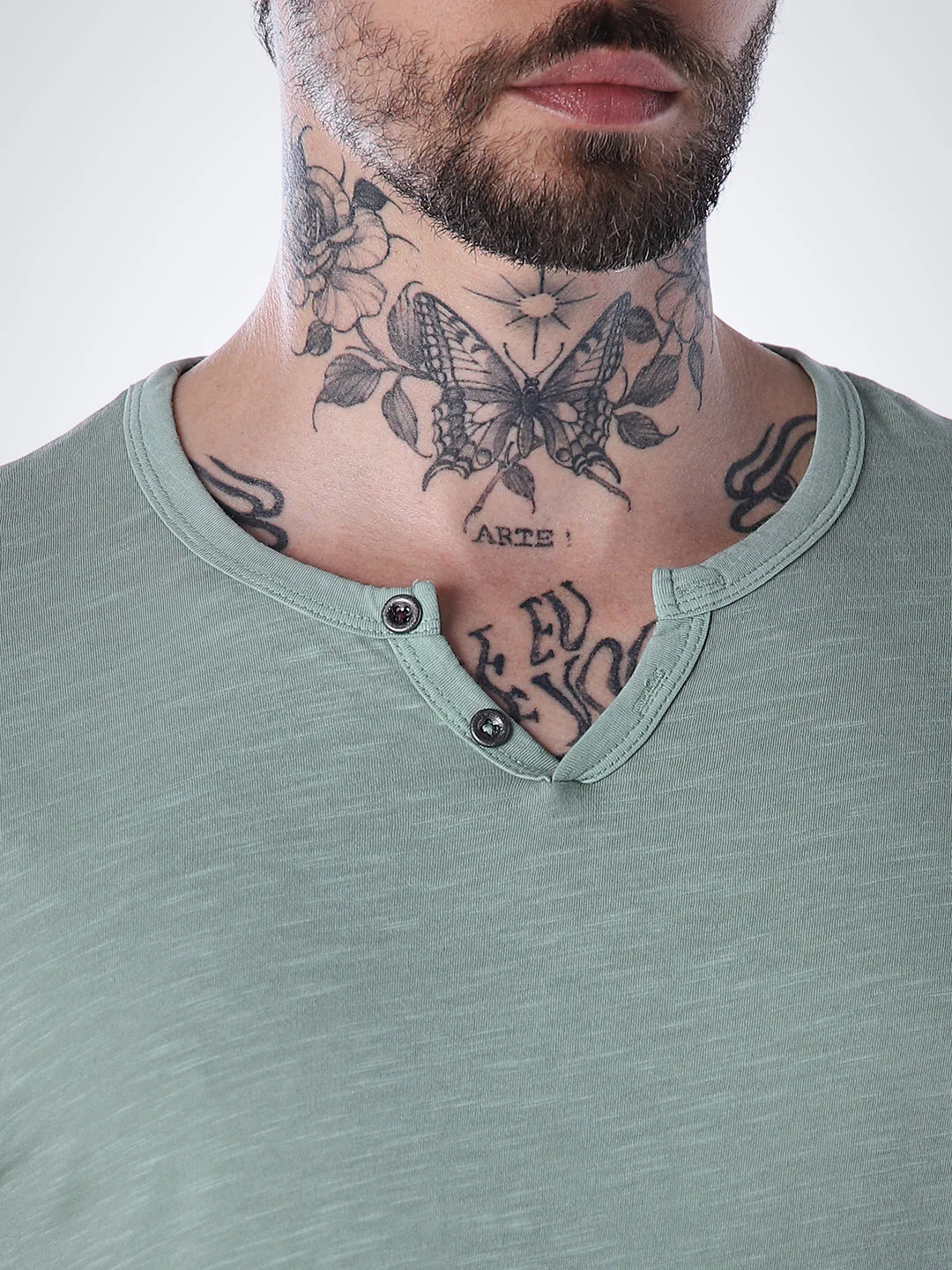Split Neck Cotton T-shirt - Green - Image 5
