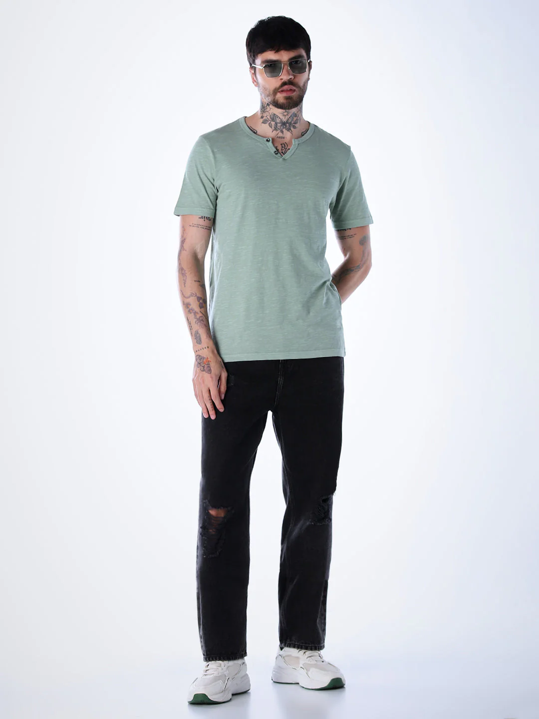 Split Neck Cotton T-shirt - Green - Image 6