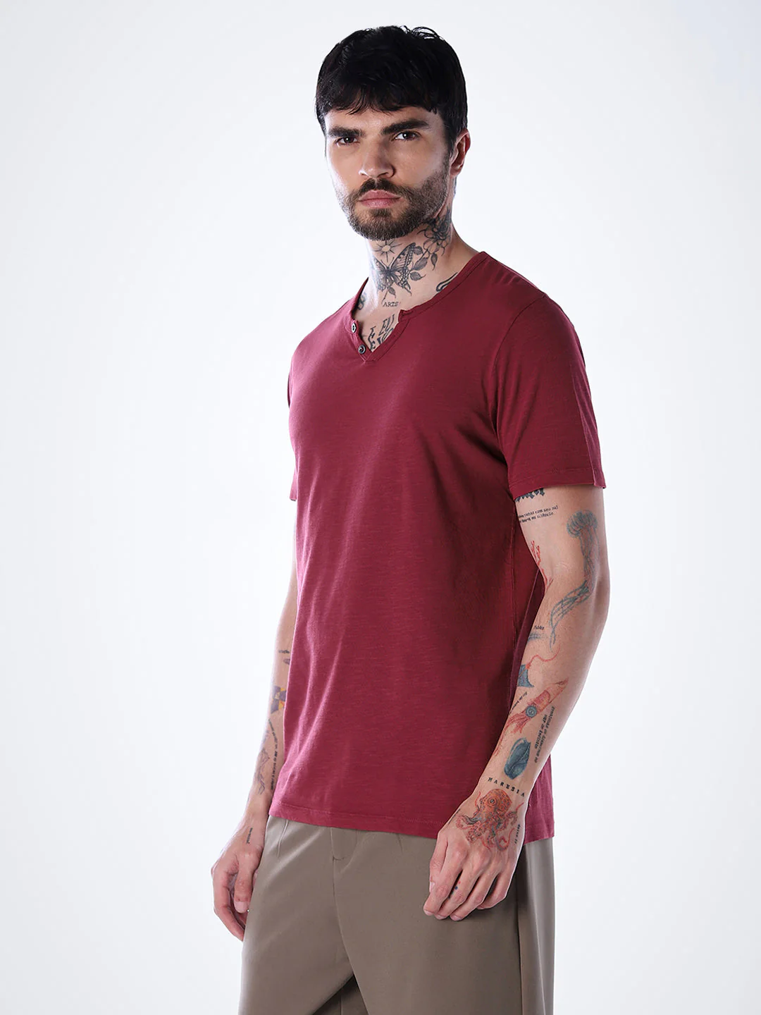 Split Neck Cotton T-shirt - Red - Image 3