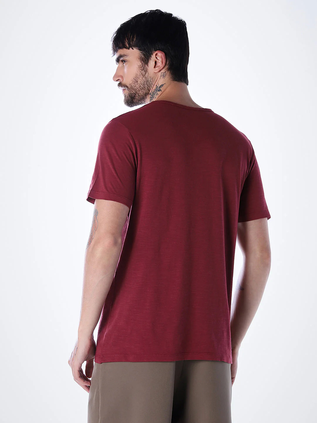 Split Neck Cotton T-shirt - Red - Image 4