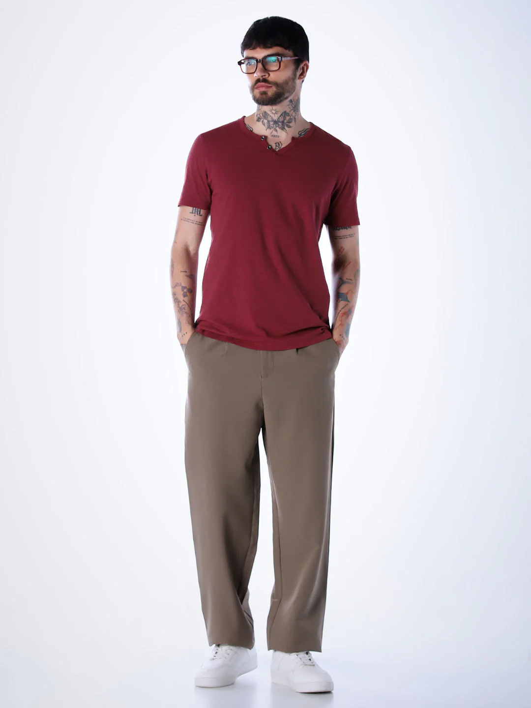 Split Neck Cotton T-shirt - Red - Image 6