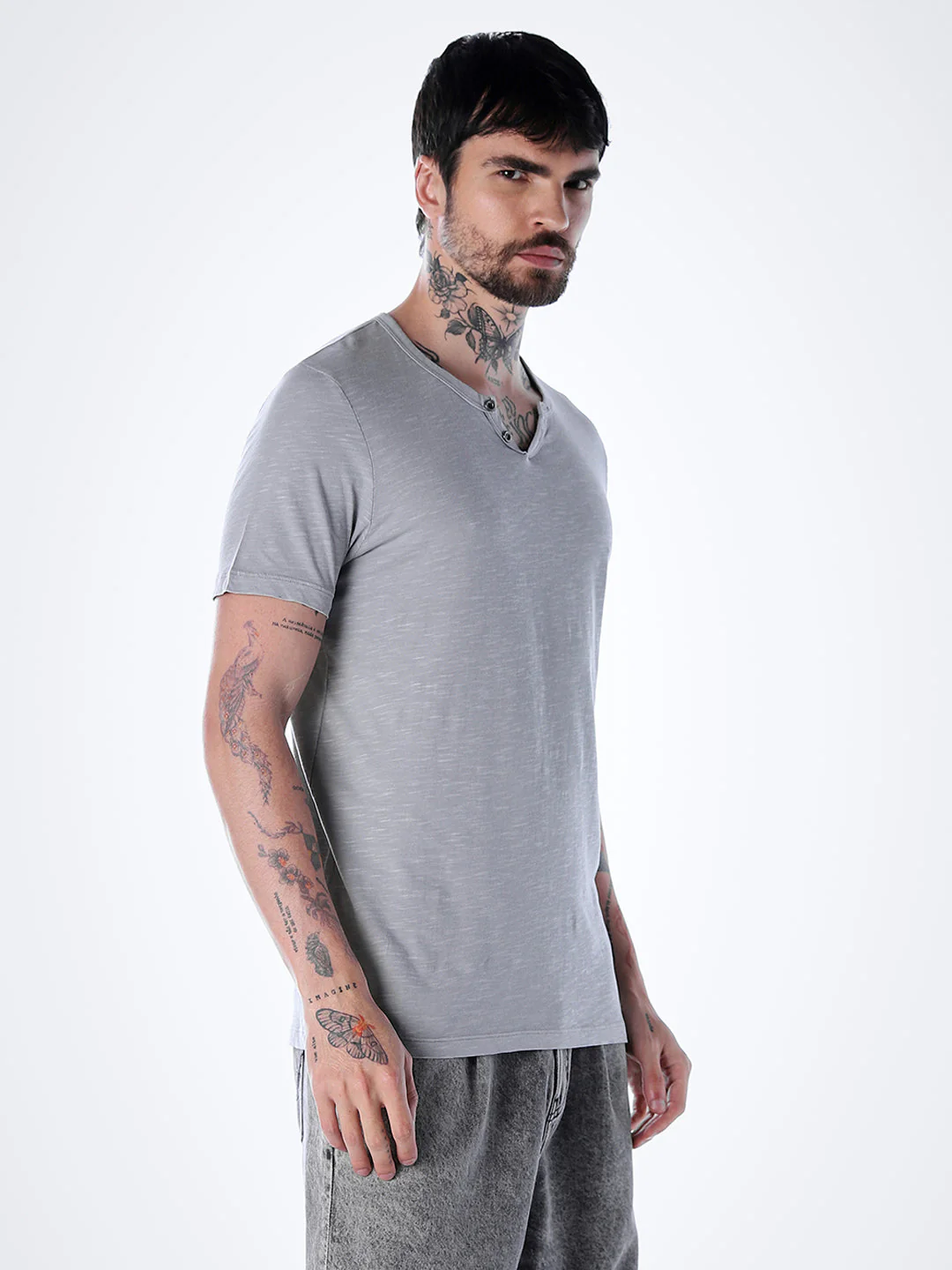 Split Neck Cotton T-shirt - Grey - Image 3