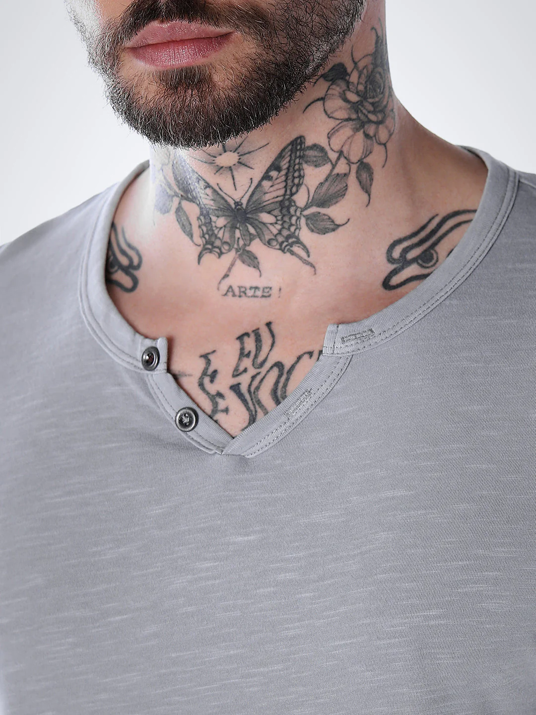 Split Neck Cotton T-shirt - Grey - Image 5