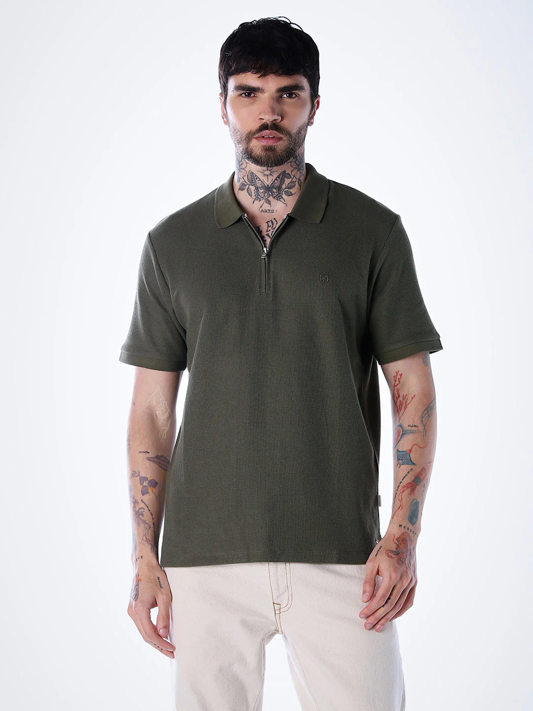 Half Zip Regular Fit Polo - Olive - Image 2