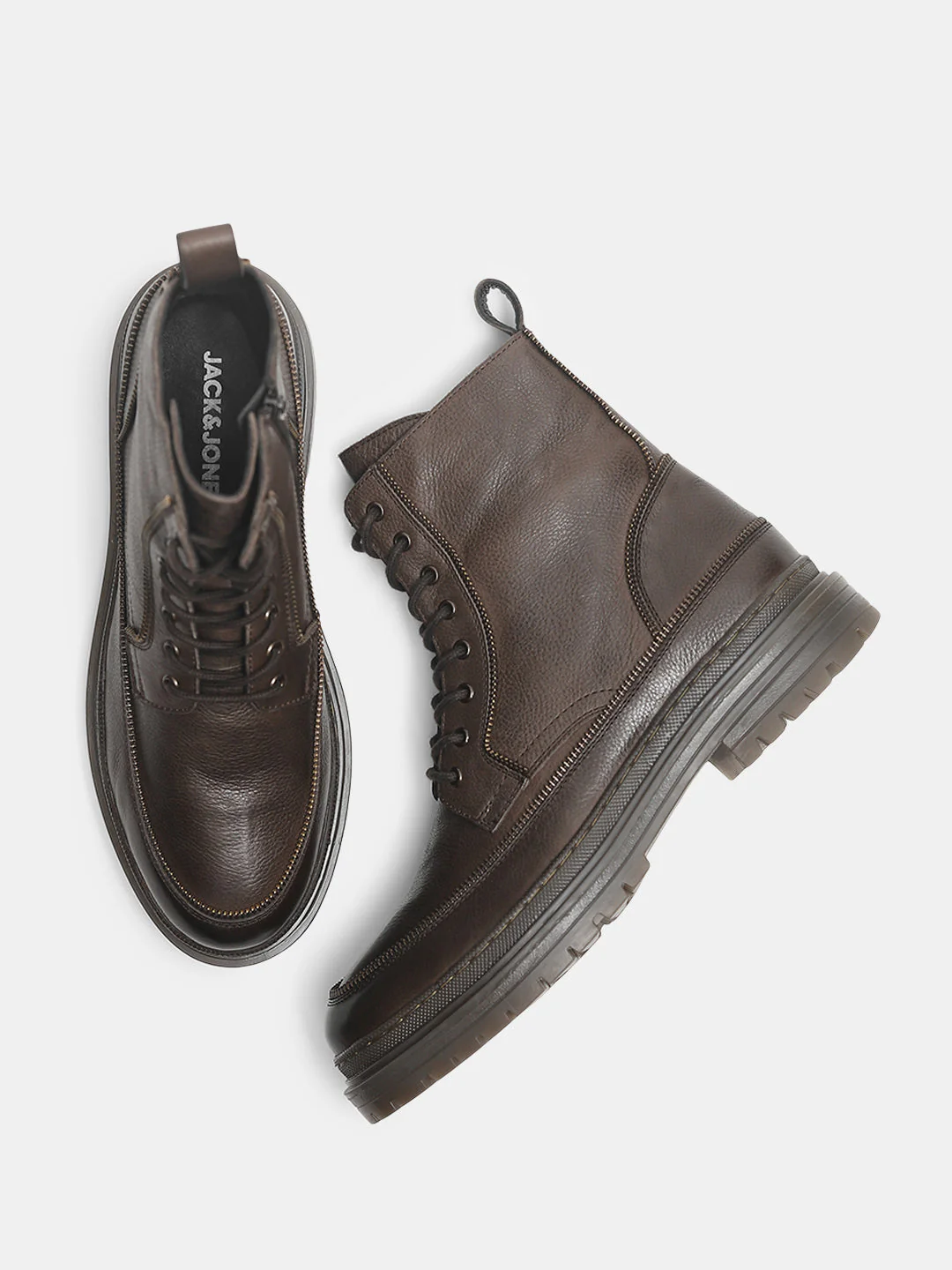 Dark Brown Zip Detail Leather Boots - Image 3