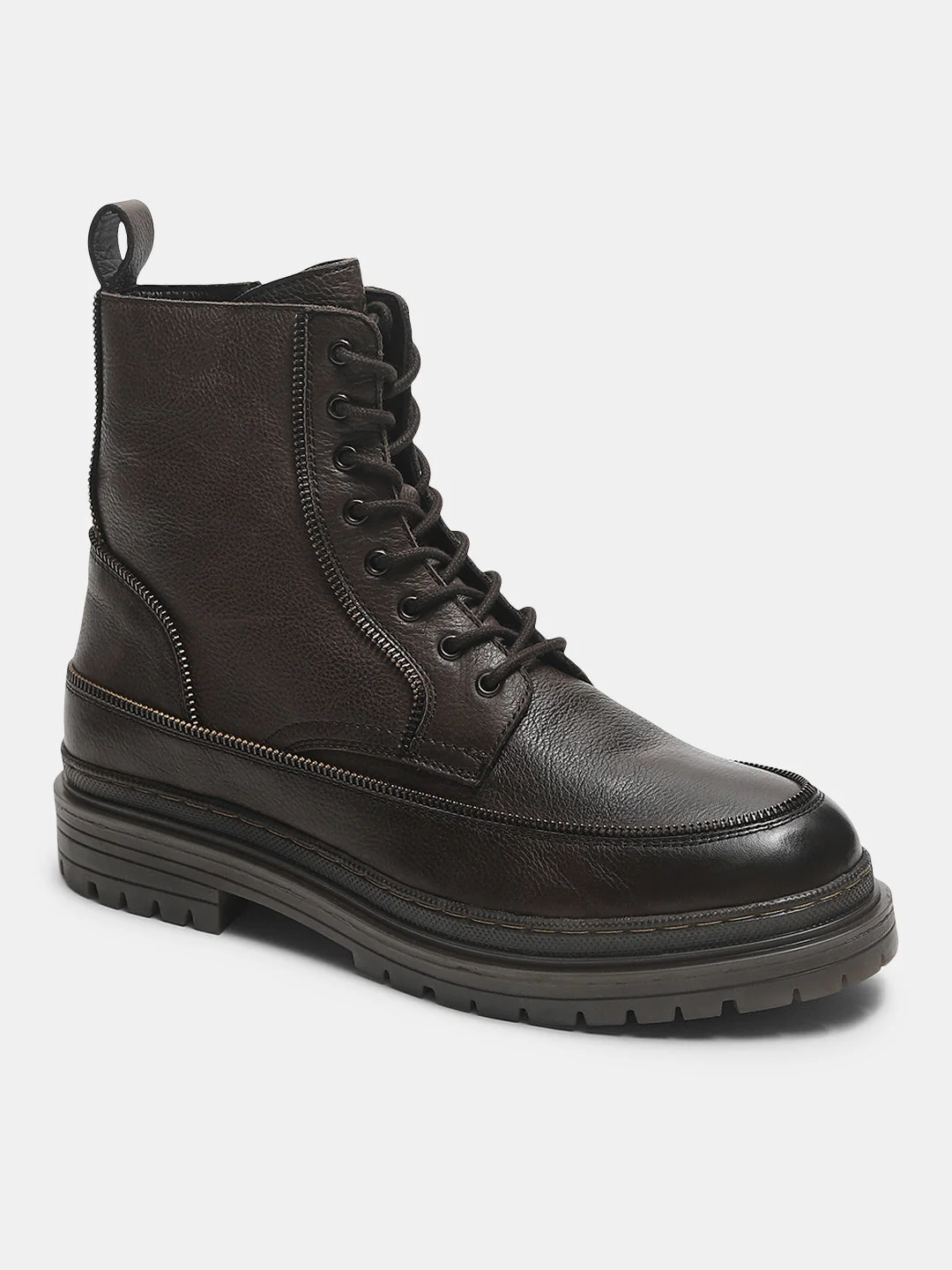 Dark Brown Zip Detail Leather Boots - Image 4