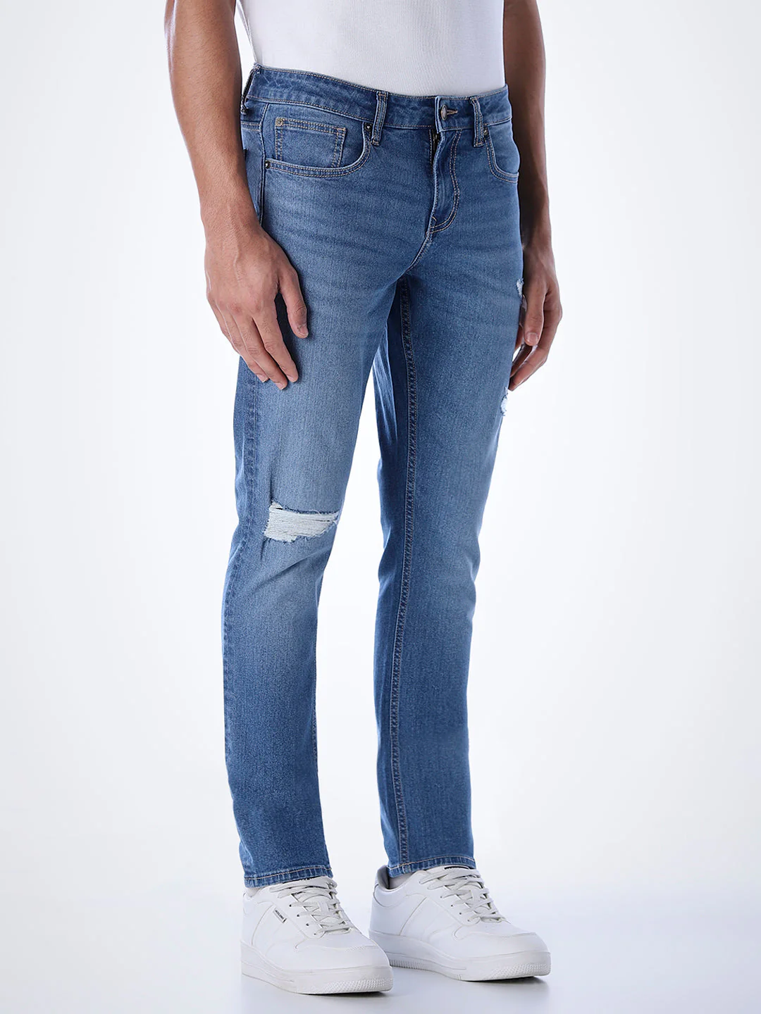 5 Pocket Distressed Glenn Slim Fit Jeans - Light Blue - Image 2