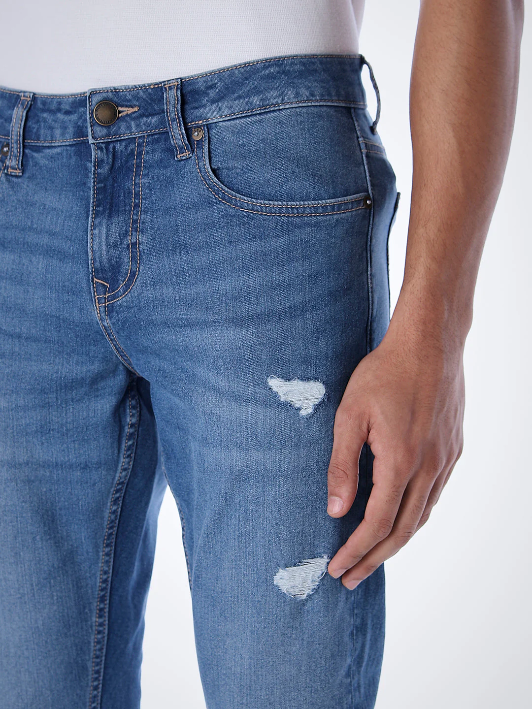 5 Pocket Distressed Glenn Slim Fit Jeans - Light Blue - Image 5