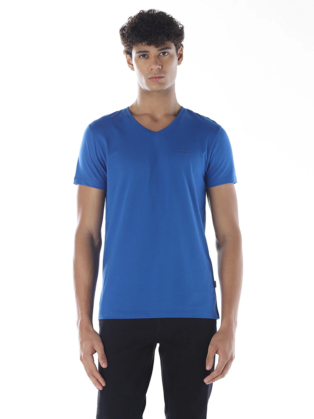 Cotton V-Neck T-shirt - Blue - Image 2