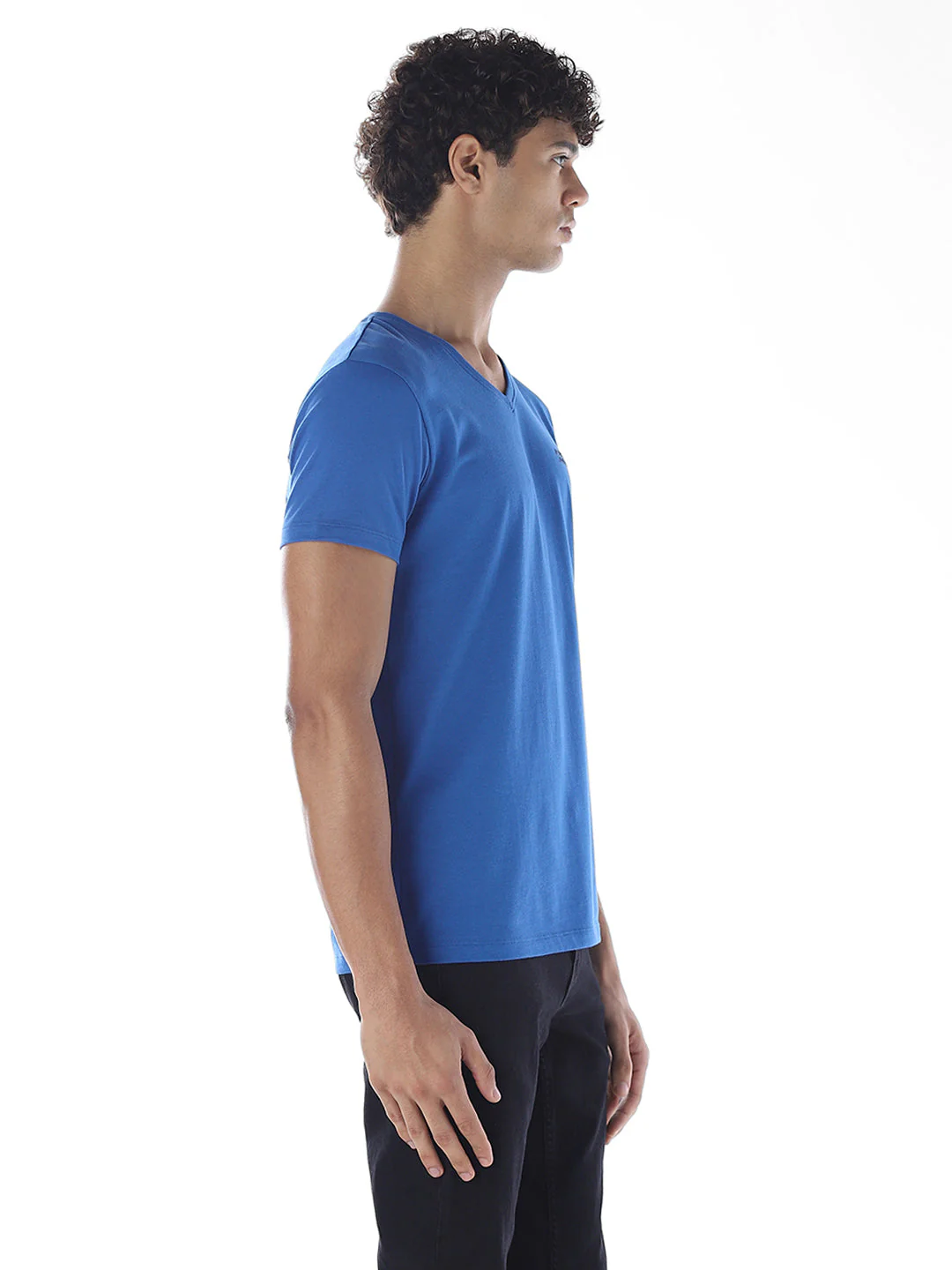 Cotton V-Neck T-shirt - Blue - Image 3