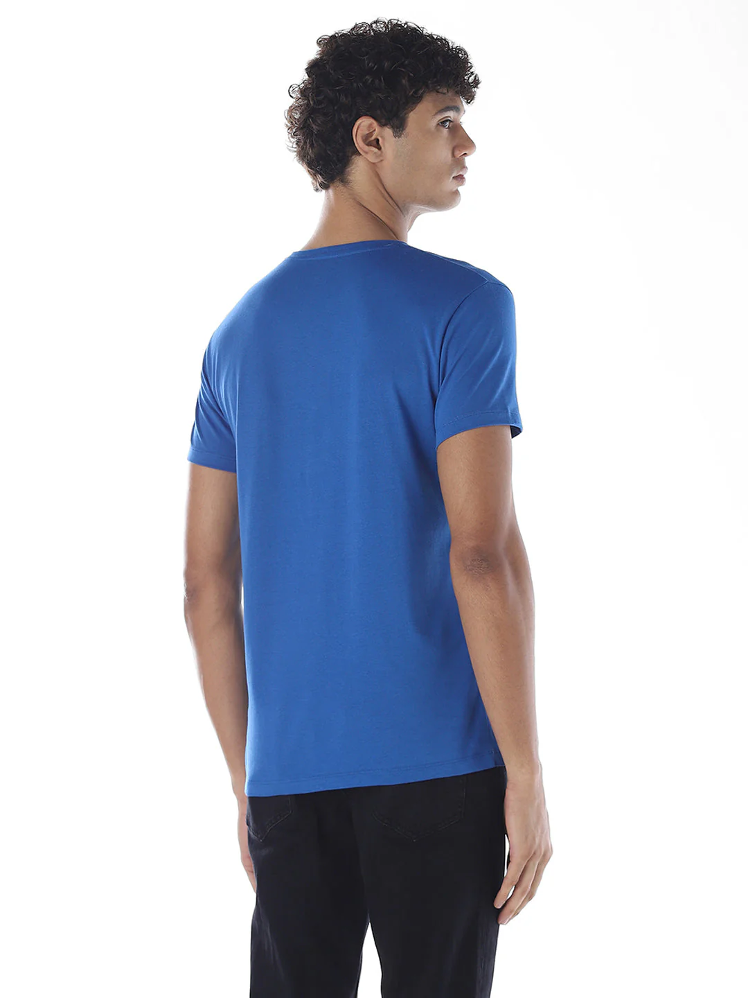 Cotton V-Neck T-shirt - Blue - Image 4