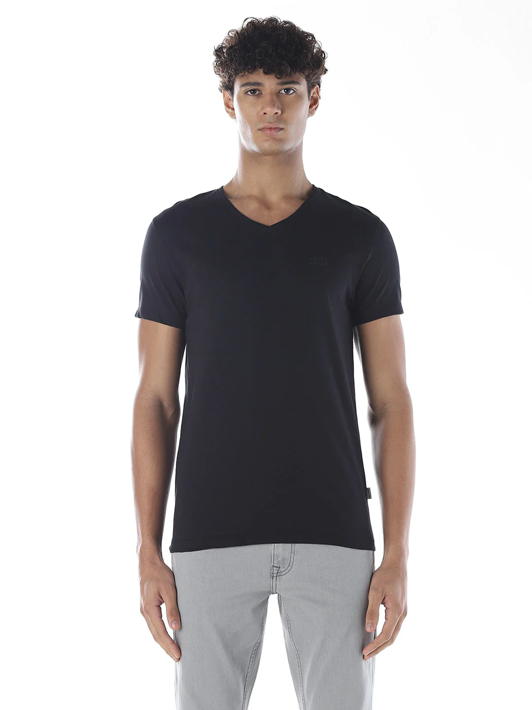 Cotton V-Neck T-shirt - Black - Image 2