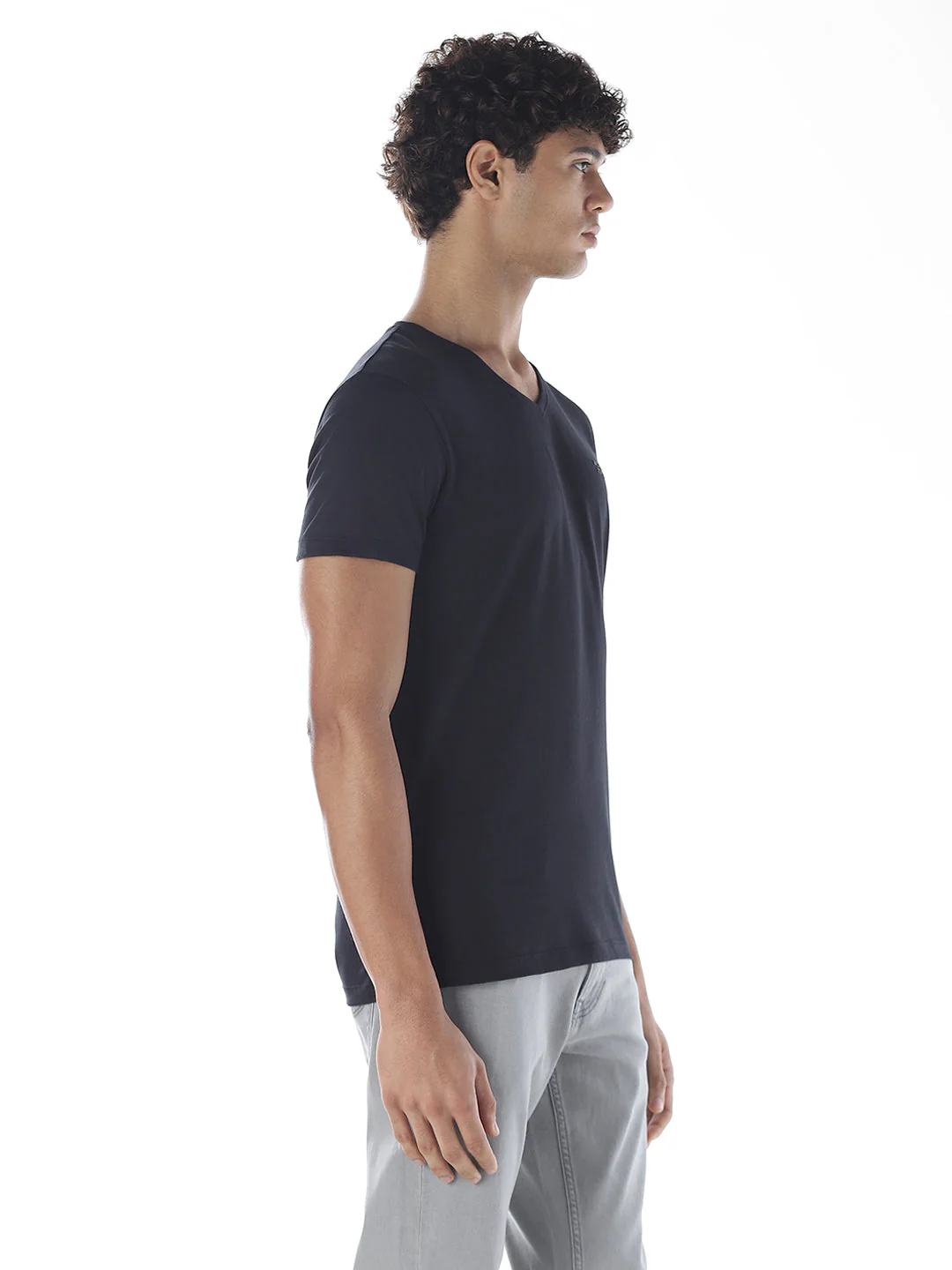 Cotton V-Neck T-shirt - Black - Image 3