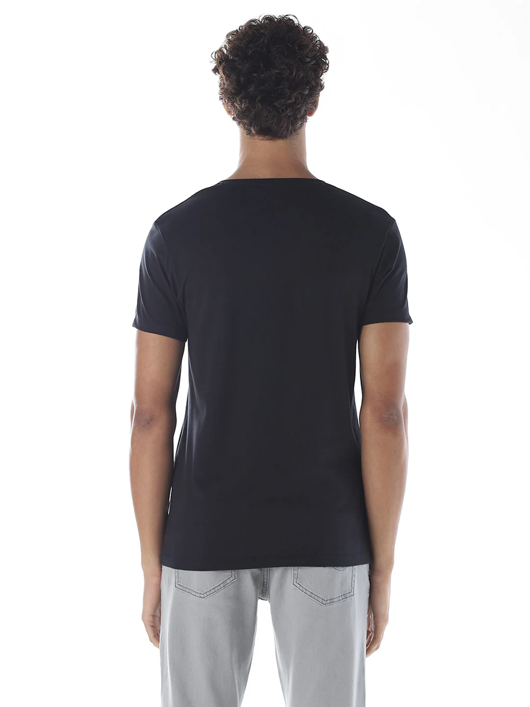 Cotton V-Neck T-shirt - Black - Image 4