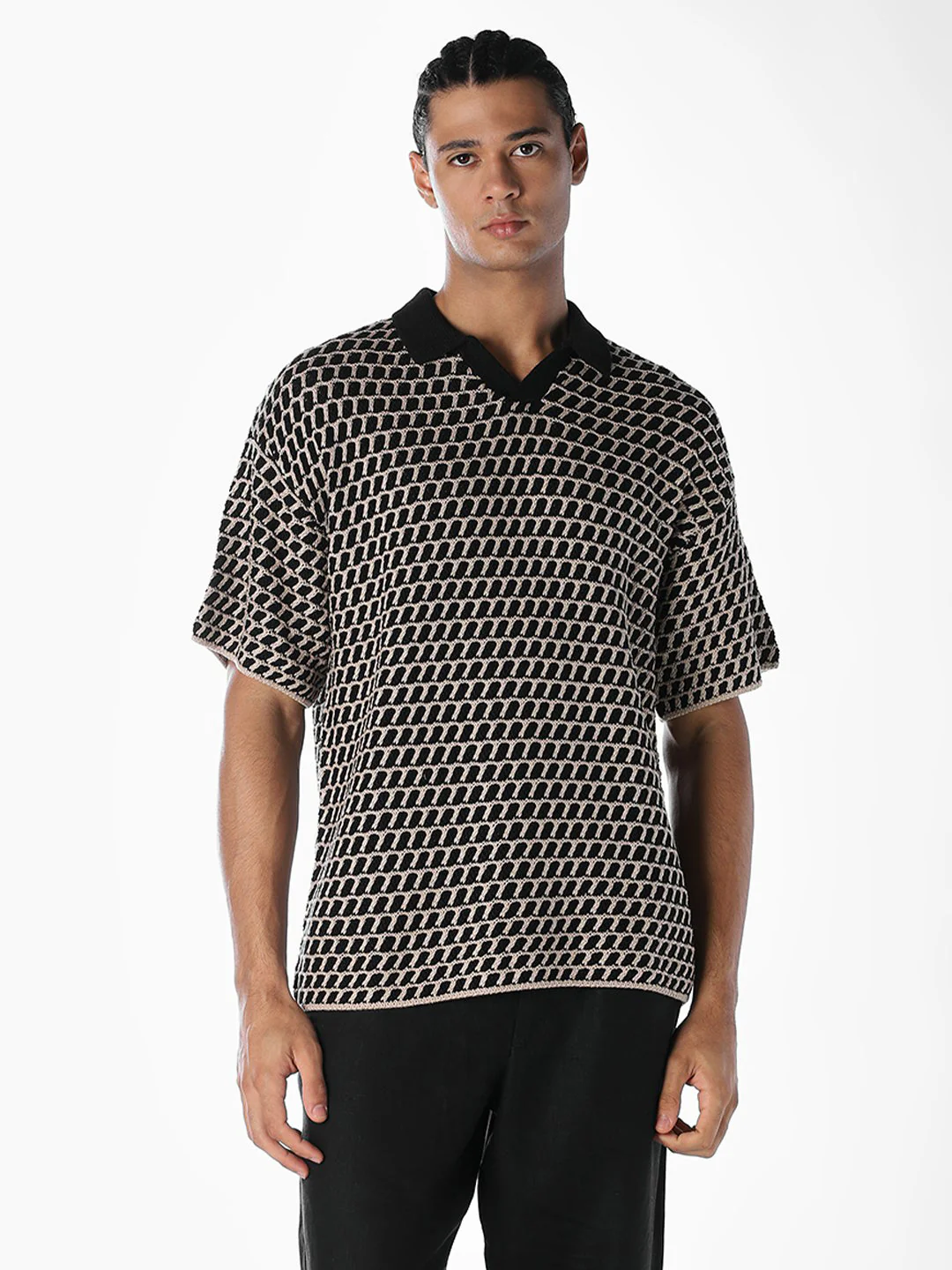 Jacquard Knitted Split Neck Polo - Image 2