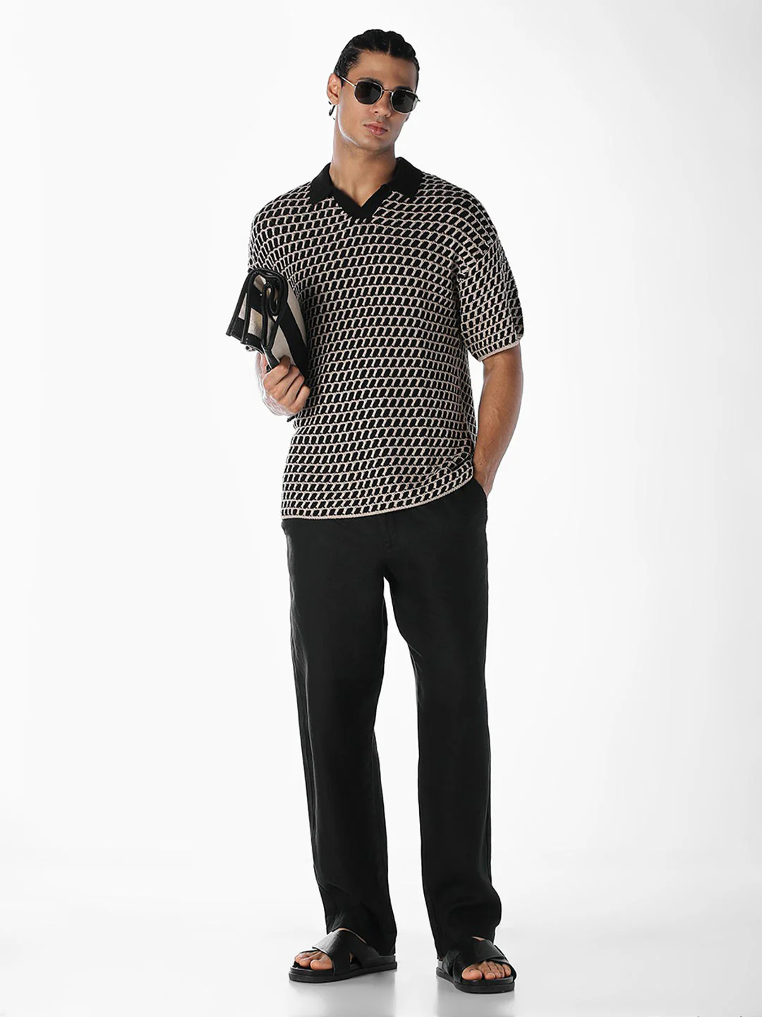 Jacquard Knitted Split Neck Polo - Image 6