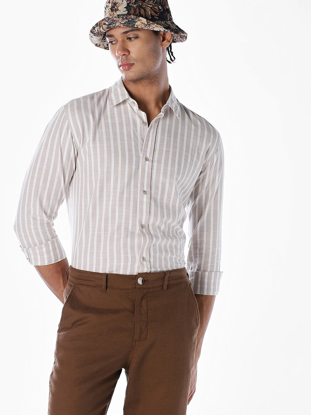 Striped Cotton Slub Shirt - Brown