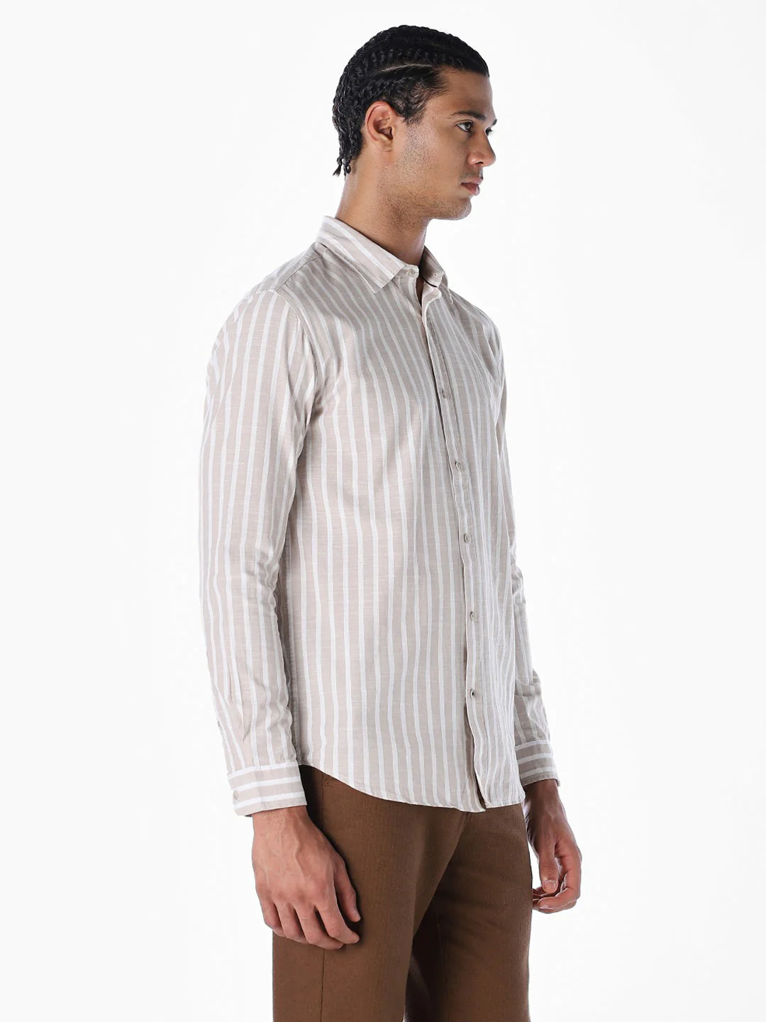 Striped Cotton Slub Shirt - Brown - Image 3