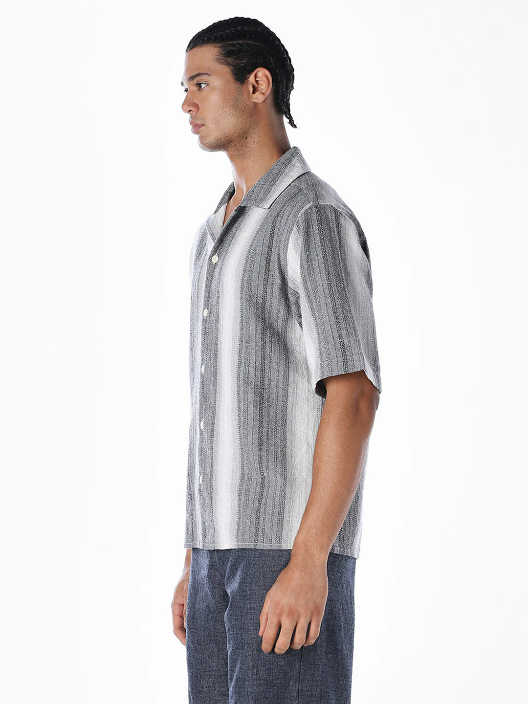 Striped Dobby Resort Collar Shirt - Black - Image 3