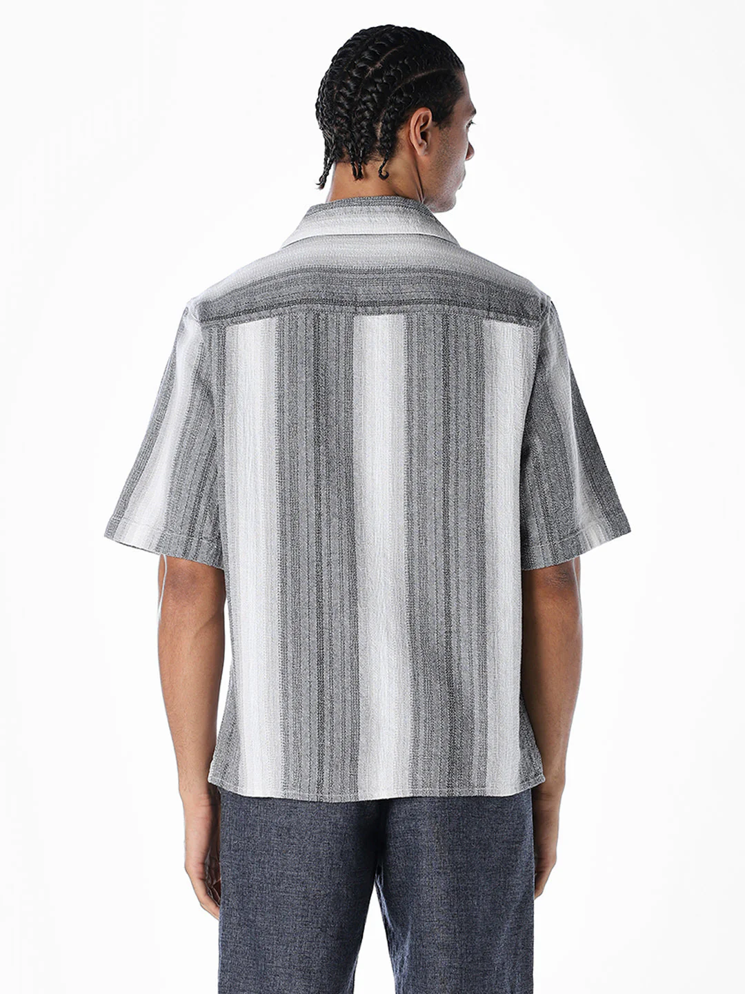 Striped Dobby Resort Collar Shirt - Black - Image 4