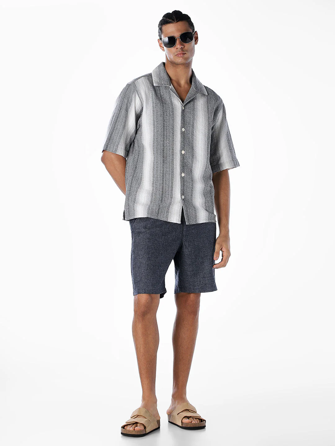Striped Dobby Resort Collar Shirt - Black - Image 6