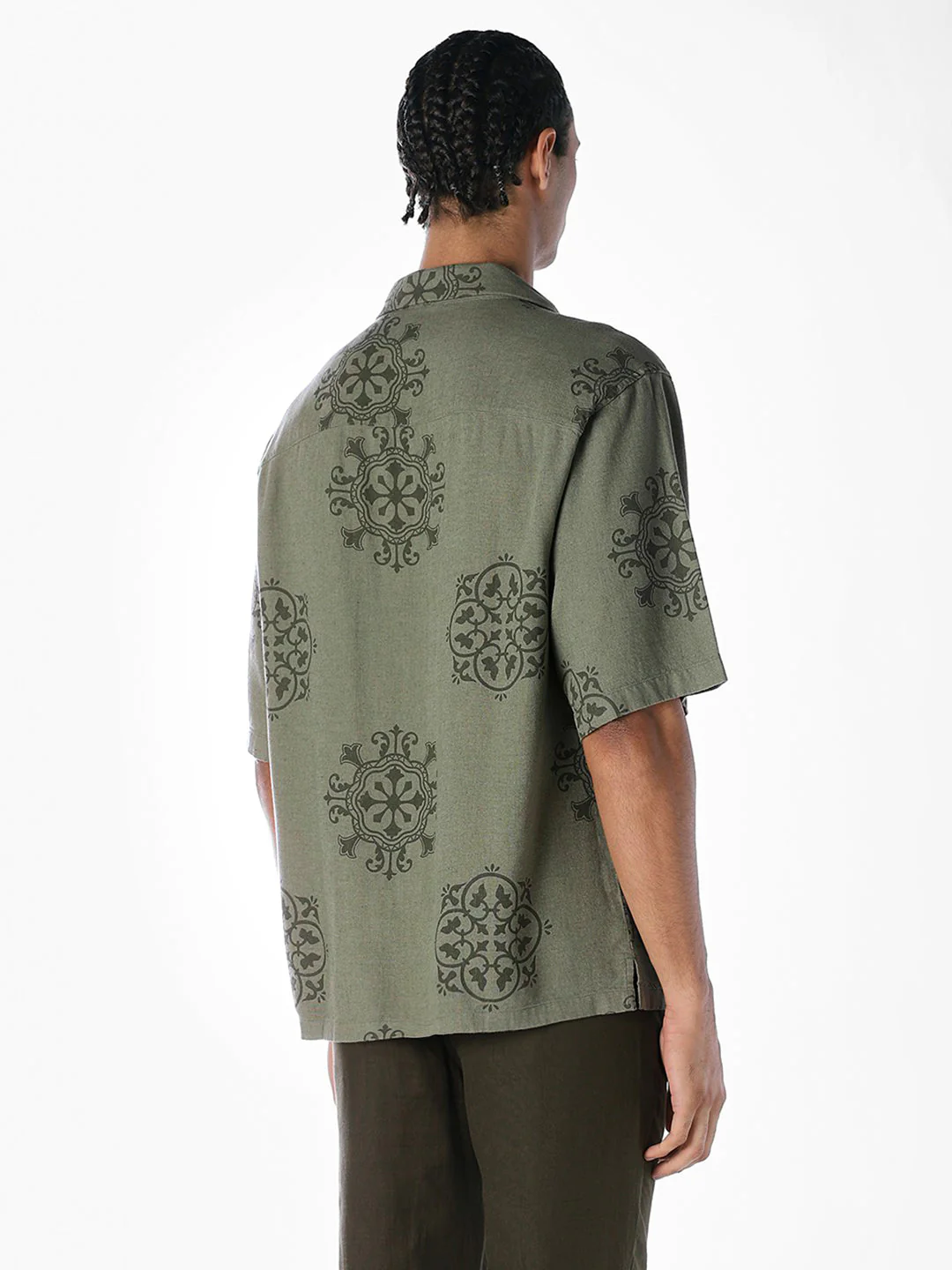 Linen Blend Printed Oversized Shirt - Green - Image 4