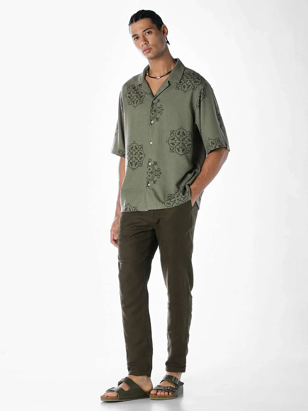 Linen Blend Printed Oversized Shirt - Green - Image 6