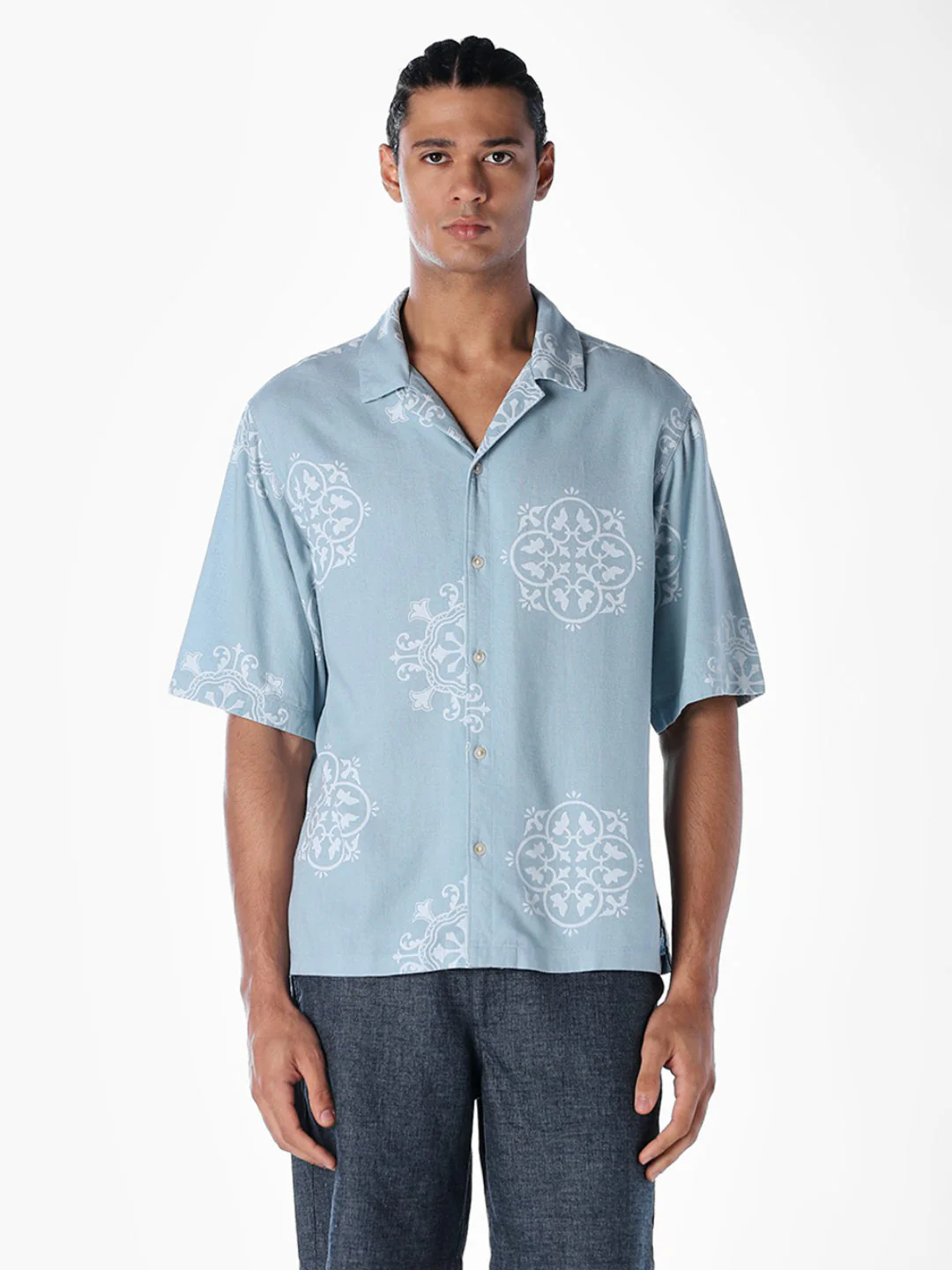 Linen Blend Printed Oversized Shirt - Blue - Image 2