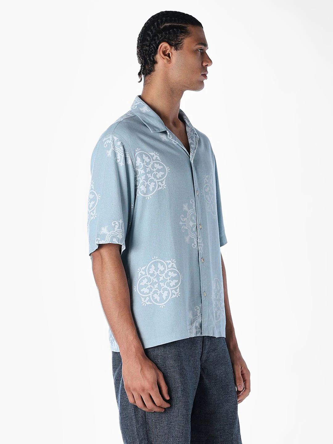 Linen Blend Printed Oversized Shirt - Blue - Image 3
